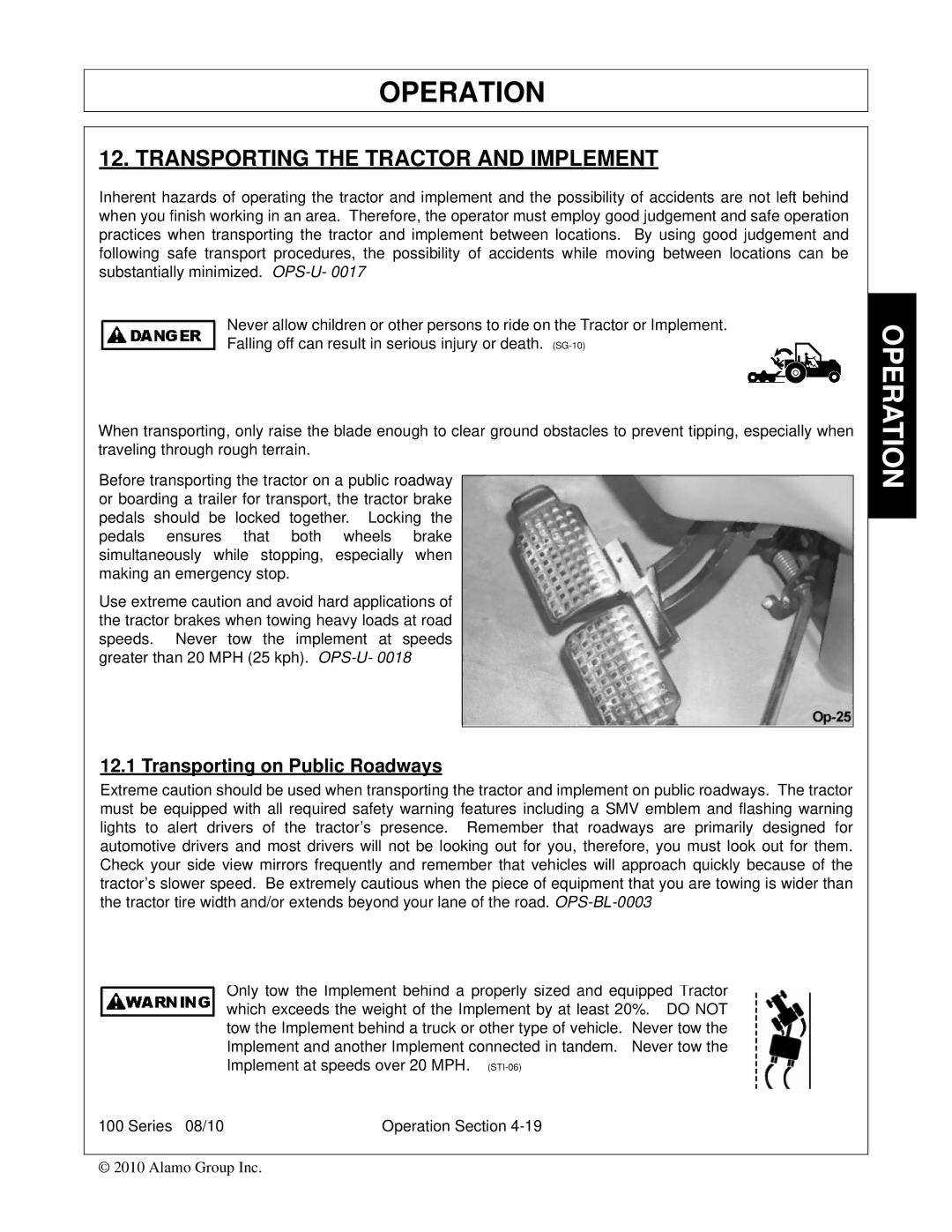 Bush Hog FC-BL-0002 manual Transporting the Tractor and Implement, Transporting on Public Roadways 