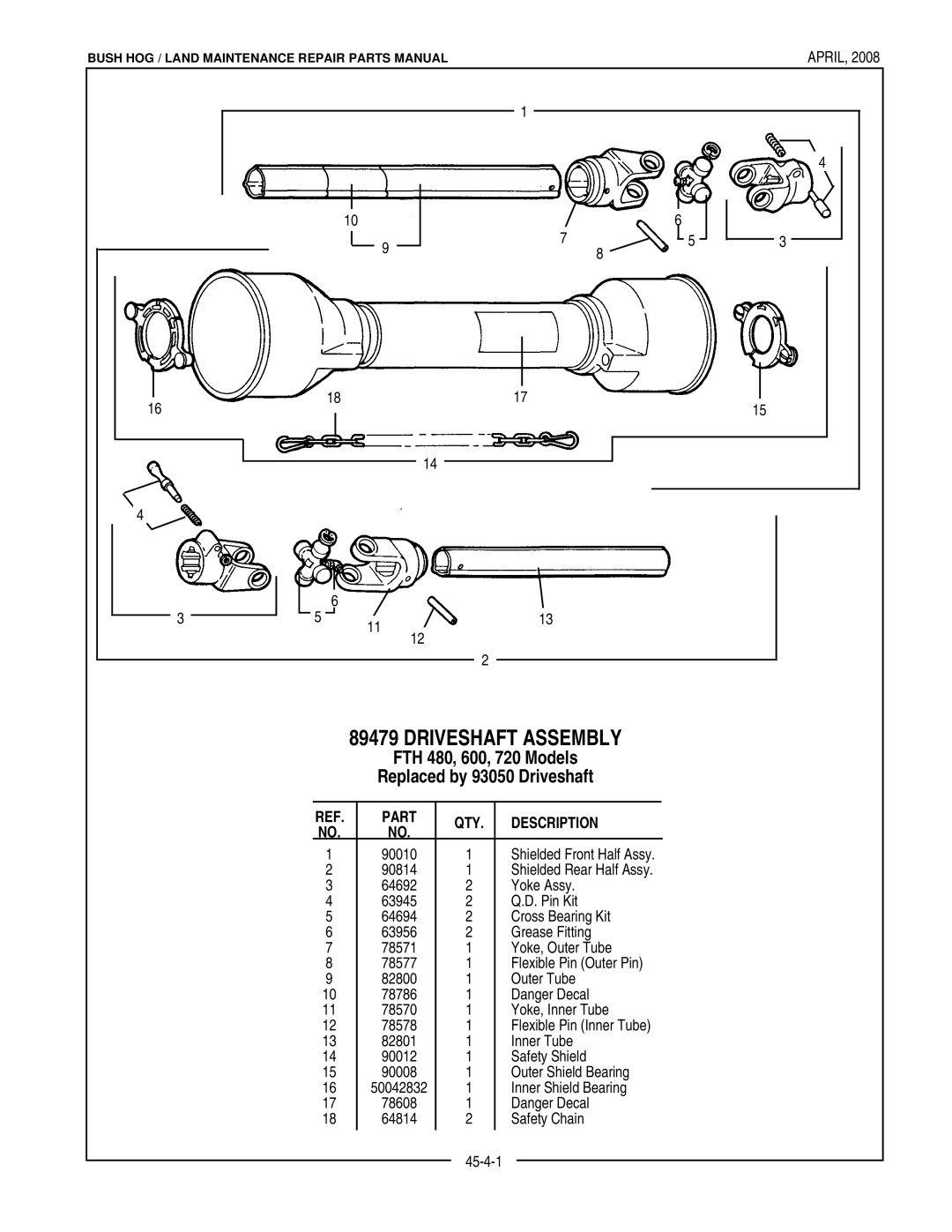 Bush Hog manual Driveshaft Assembly, FTH 480, 600, 720 Models, Replaced by 93050 Driveshaft, Description 