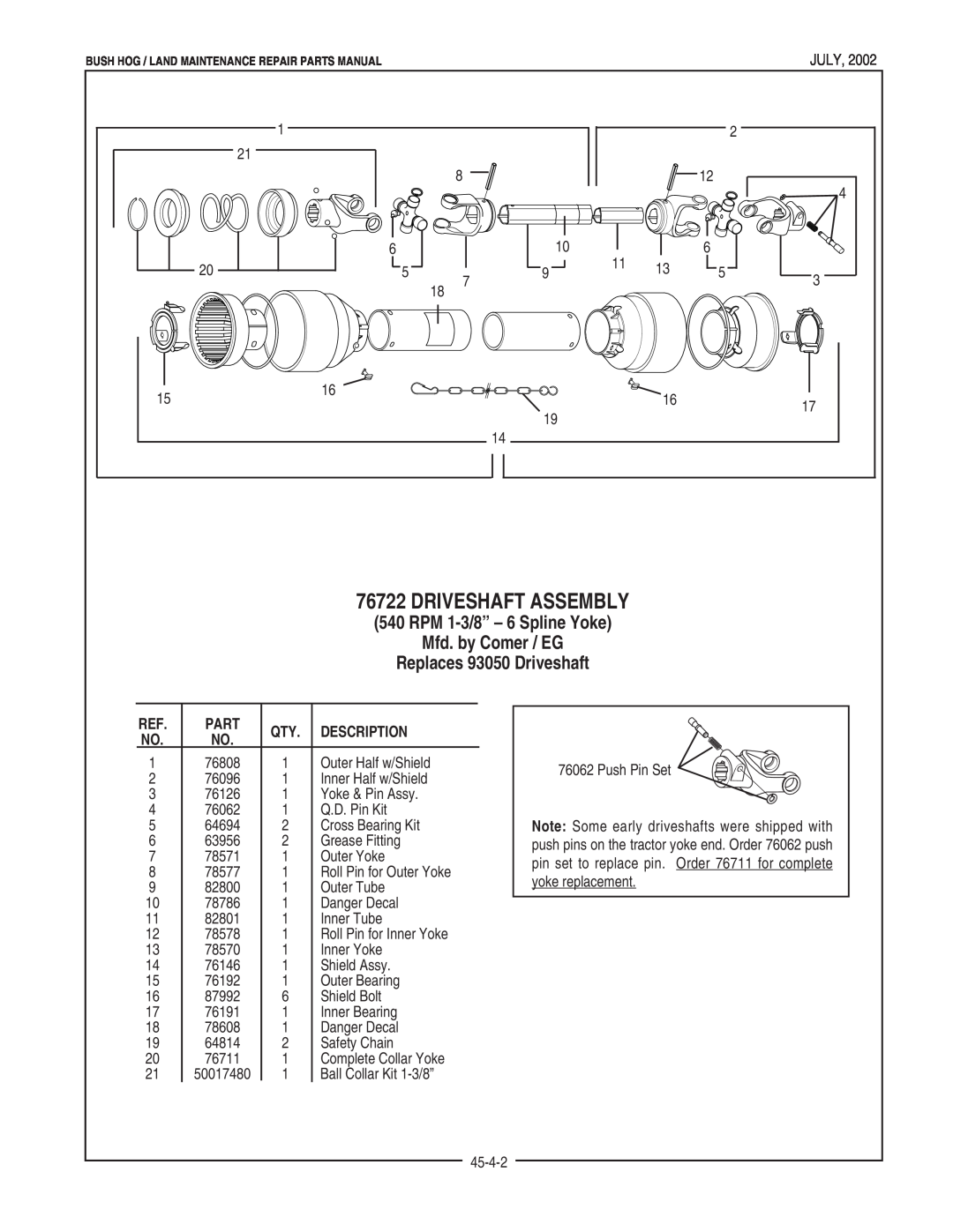 Bush Hog FTH 480 manual Driveshaft Assembly, RPM 1-3/8” - 6 Spline Yoke Mfd. by Comer / EG, Replaces 93050 Driveshaft, Part 