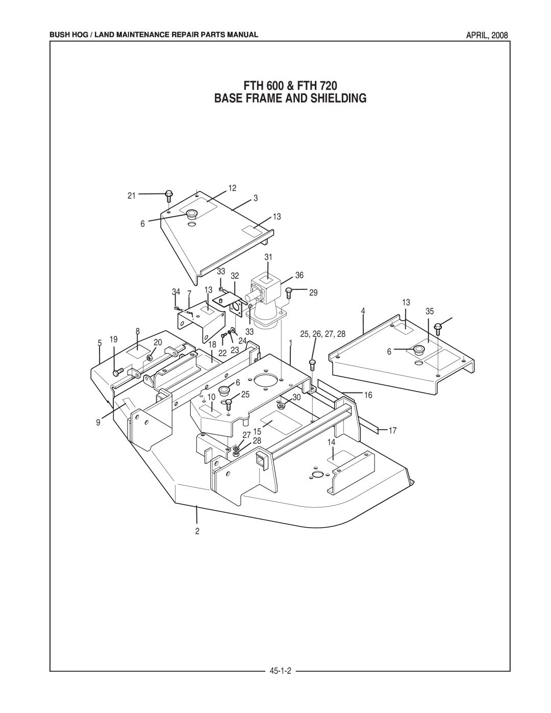 Bush Hog FTH 480 manual FTH 600 & FTH, Base Frame And Shielding, April, 18 22, 45-1-2, 25, 26, 27 