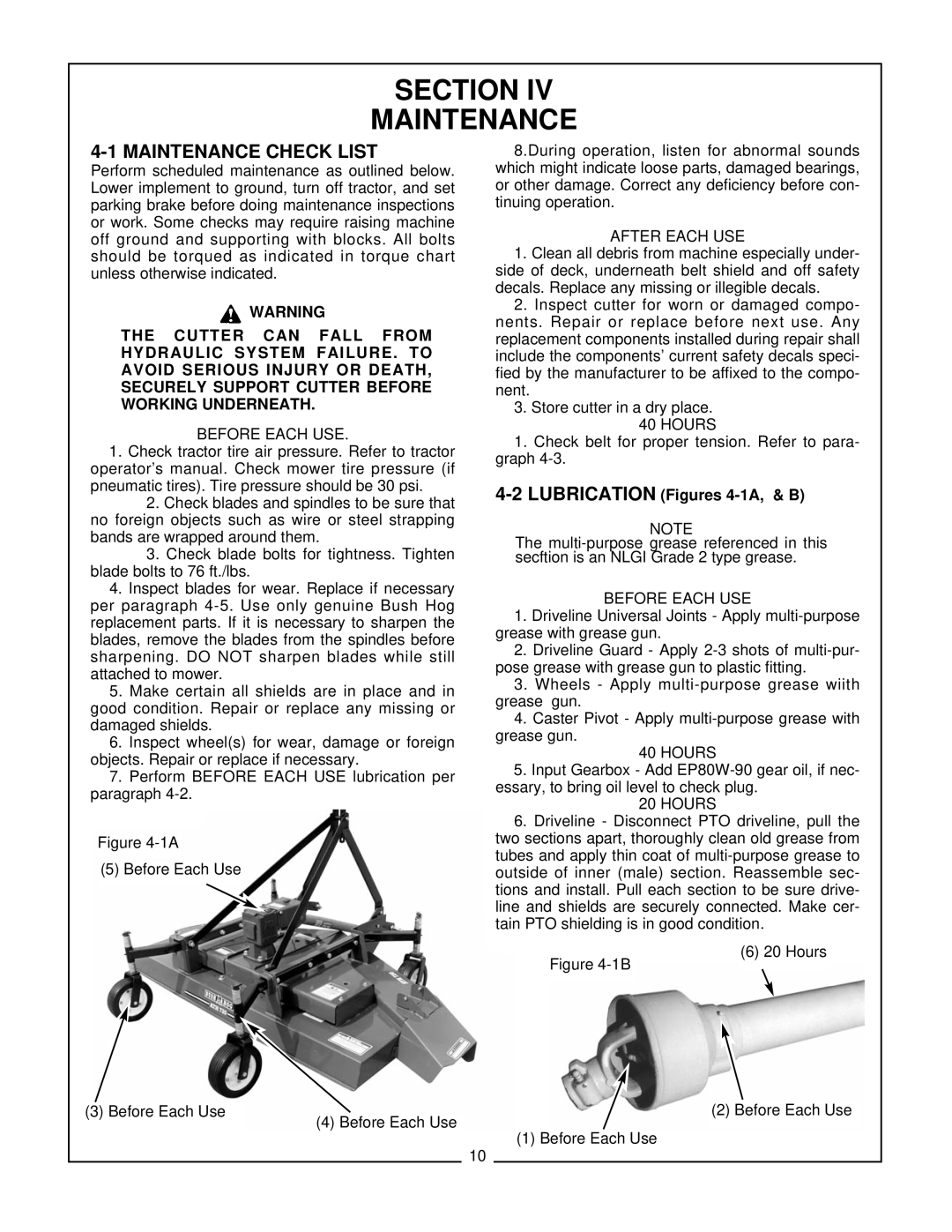 Bush Hog FTH 600, ATH 720 manual Section Maintenance, Maintenance Check List, After Each USE, Hours, Before Each USE 