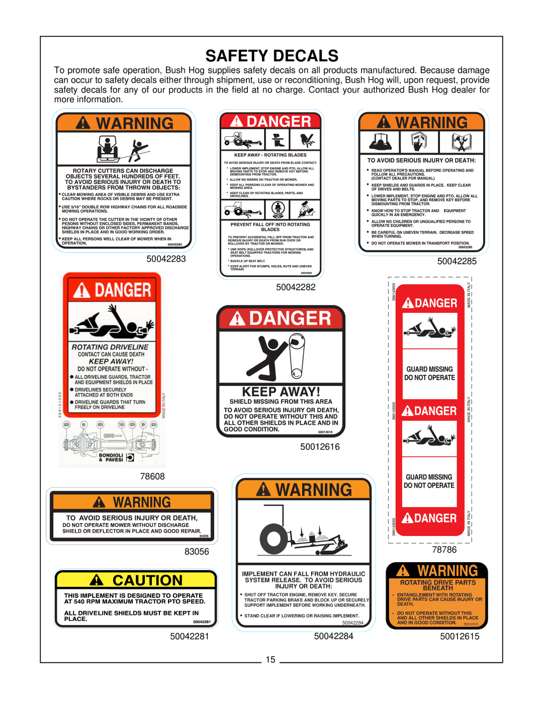 Bush Hog ATH 720, FTH 600 manual Safety Decals, Shut OFF Tractor ENGINE, Remove KEY, Secure 