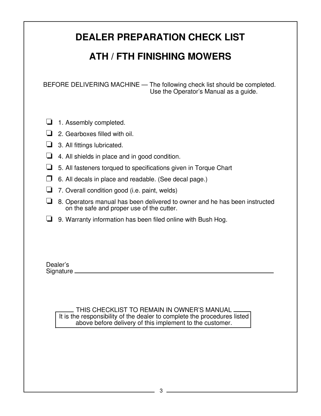 Bush Hog ATH 720, FTH 600 manual Dealer Preparation Check List ATH / FTH Finishing Mowers 