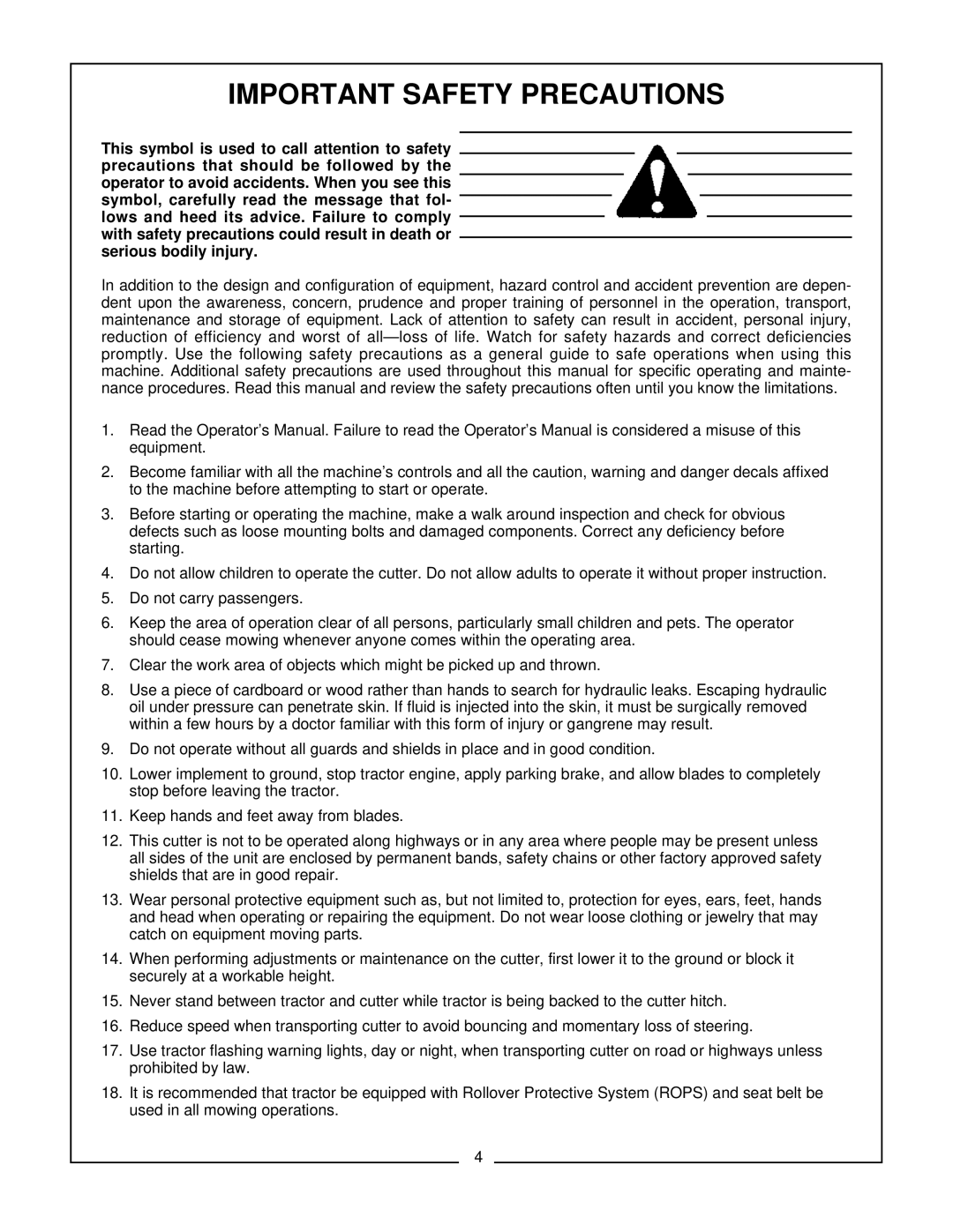 Bush Hog FTH 600, ATH 720 manual Important Safety Precautions 