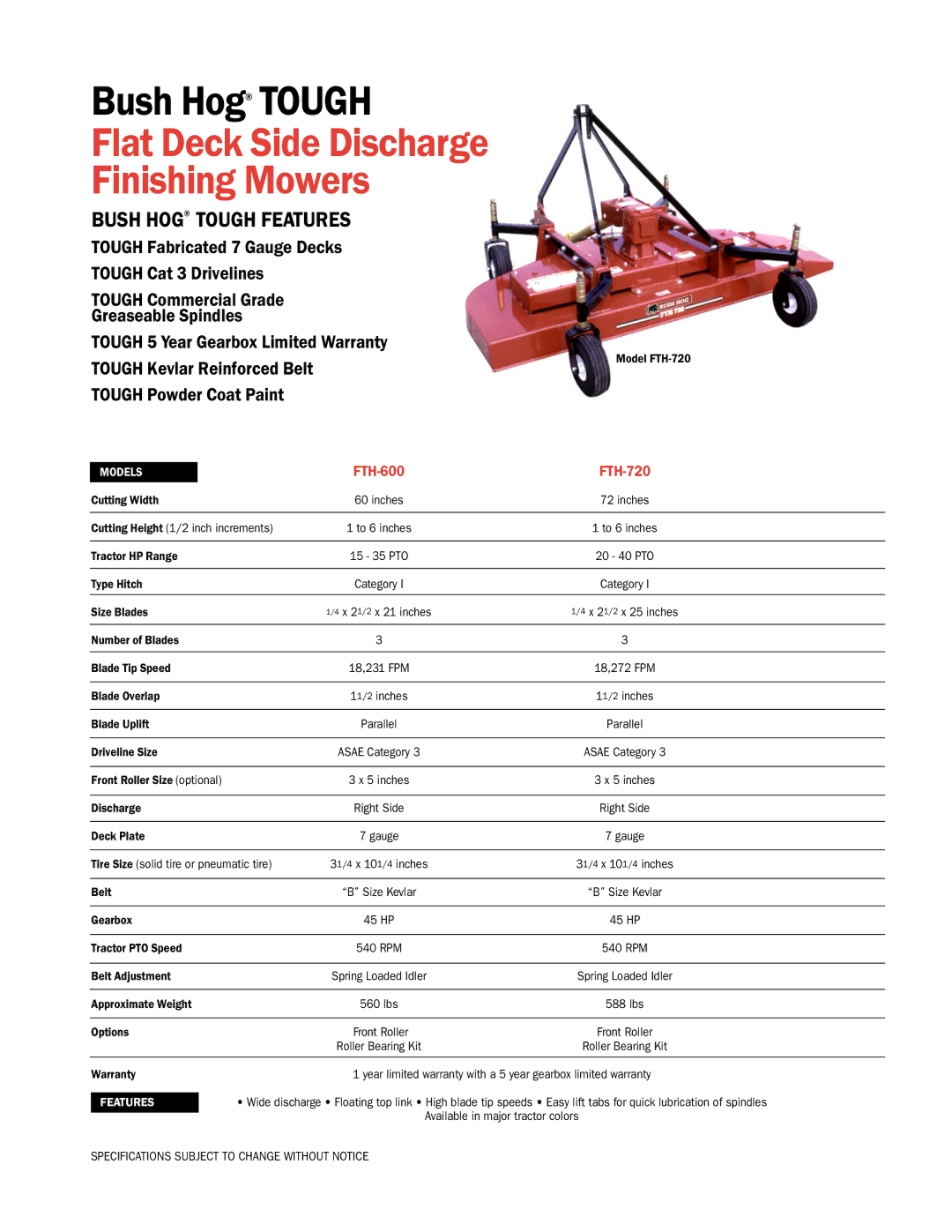 Bush Hog specifications Flat Deck Side Discharge Finishing Mowers, Bush Hog Tough Features, FTH-600 FTH-720 