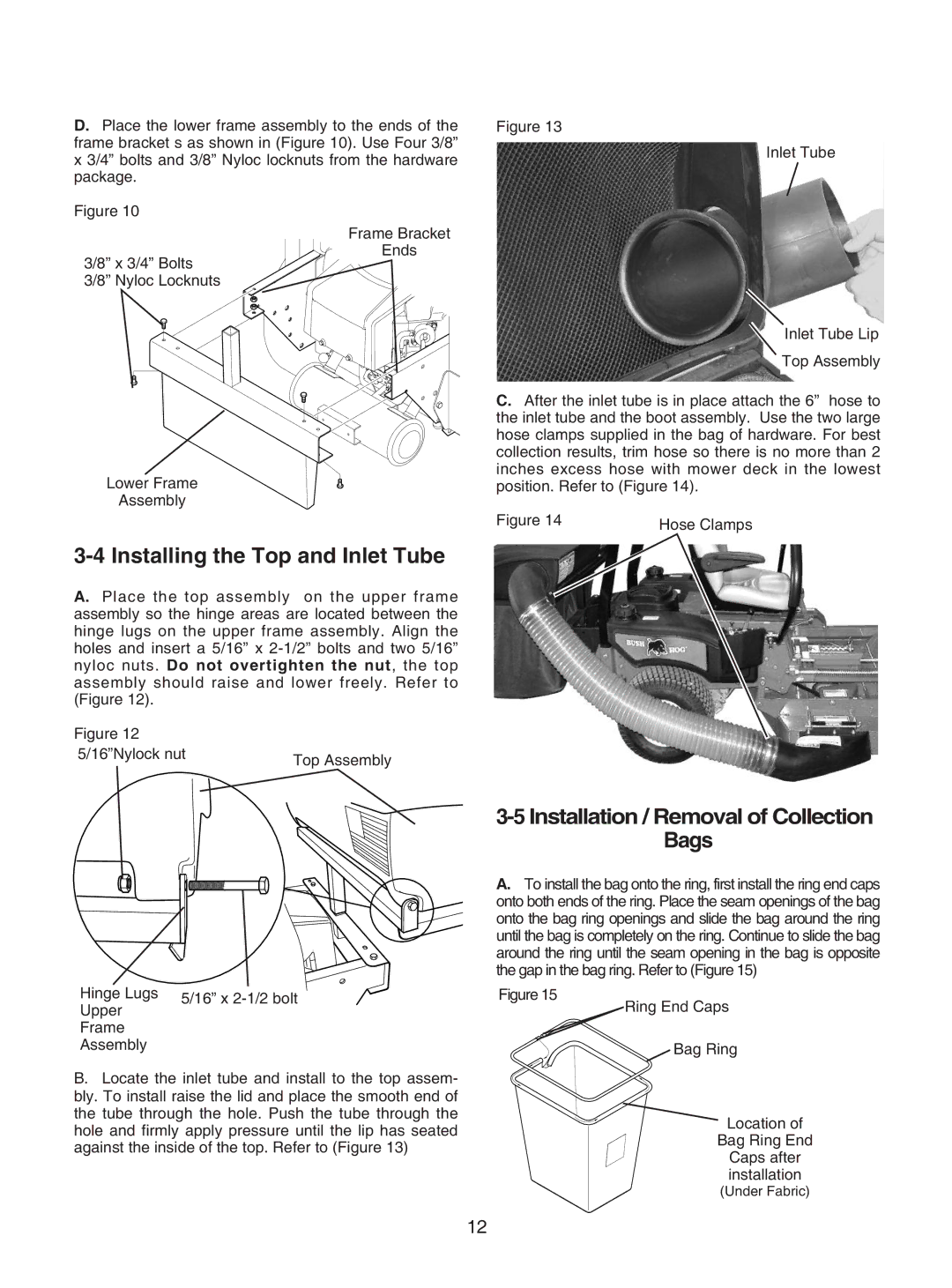 Bush Hog GC-250 manual Installing the Top and Inlet Tube, 5Installation /Removal ofCollection Bags 