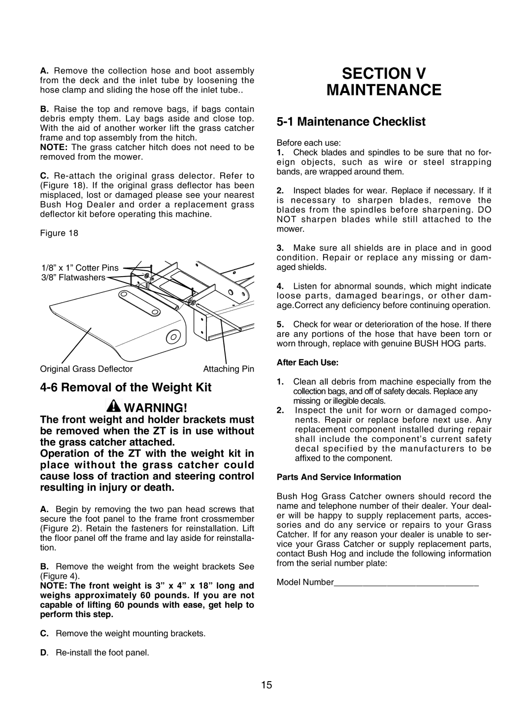 Bush Hog GC-250 manual Section Maintenance, Removal of the Weight Kit, Maintenance Checklist 