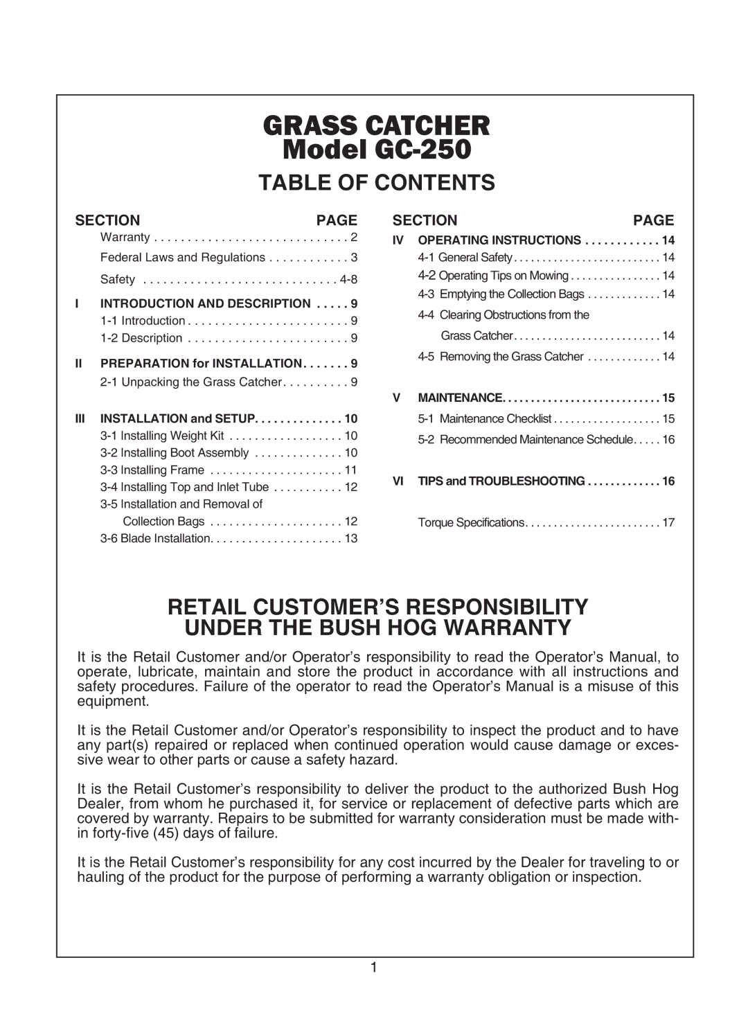 Bush Hog GC-250 manual Table of Contents, Retail CUSTOMER’S Responsibility Under the Bush HOG Warranty 