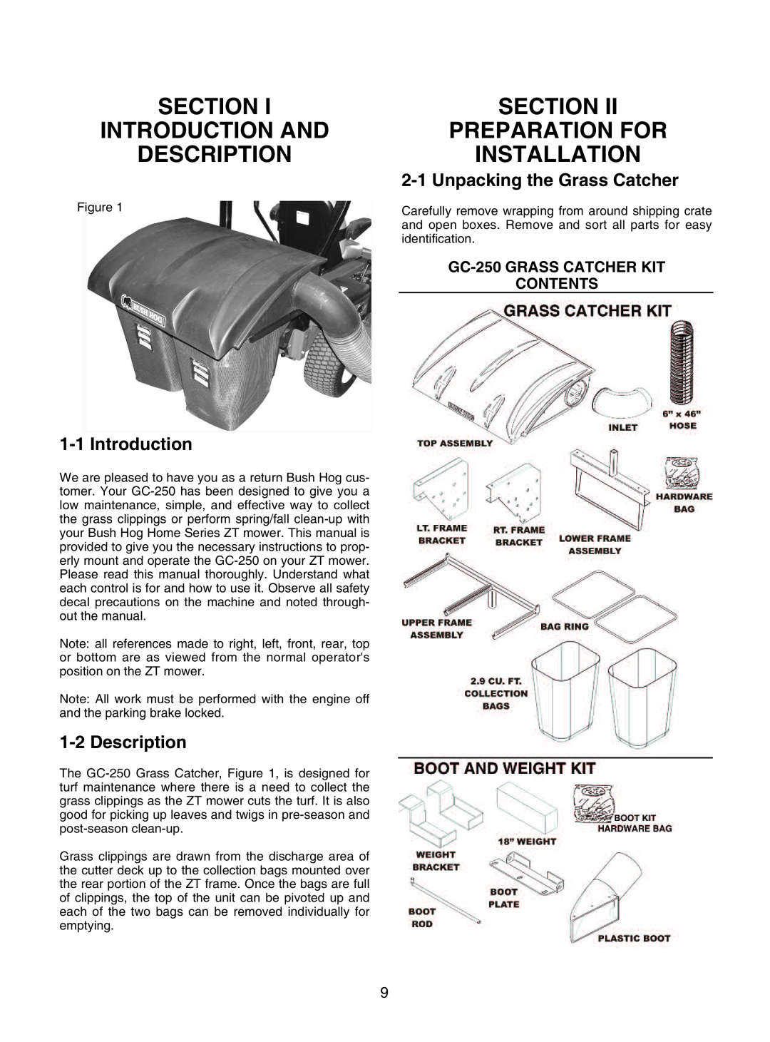 Bush Hog GC-250 manual Section Introduction And Description, Section Preparation For Installation, 1-1Introduction 