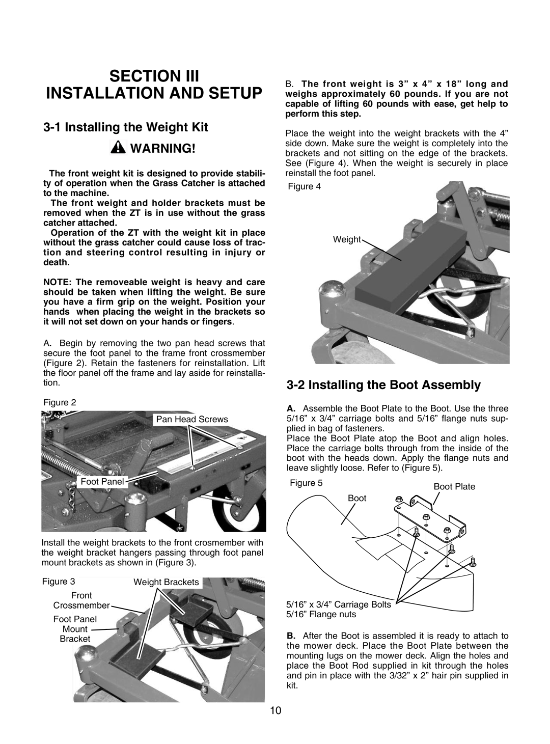 Bush Hog GC-250 Section Installation And Setup, 3-1Installing the Weight Kit ! WARNING, 3-2Installing the Boot Assembly 