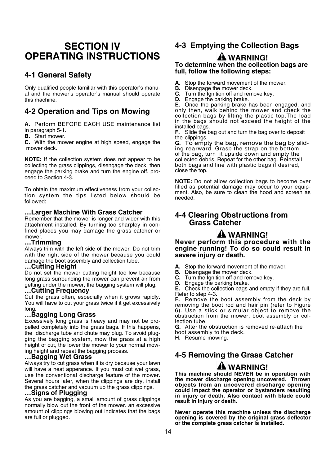 Bush Hog GC-250 manual Section Operating Instructions, 4-1General Safety, 4-2Operation and Tips on Mowing, …Trimming 