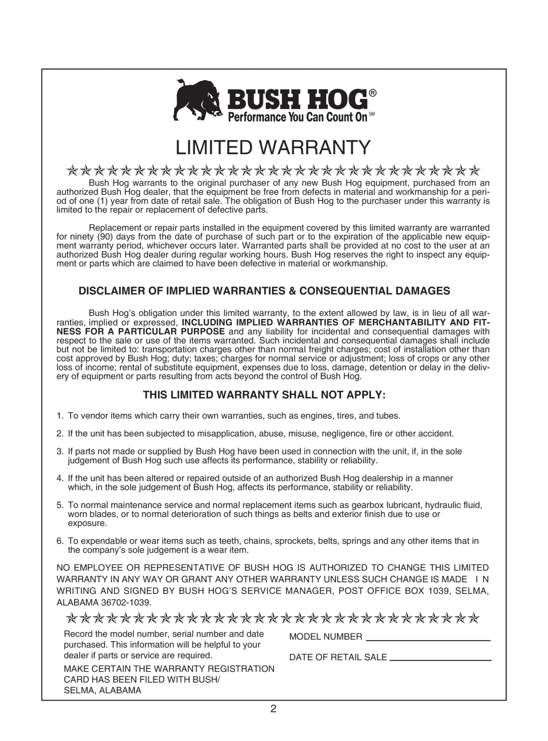Bush Hog GC-250 manual This Limited Warranty Shall Not Apply, Limitedwarranty, Ooooooooooooooooooooooooooooooo 