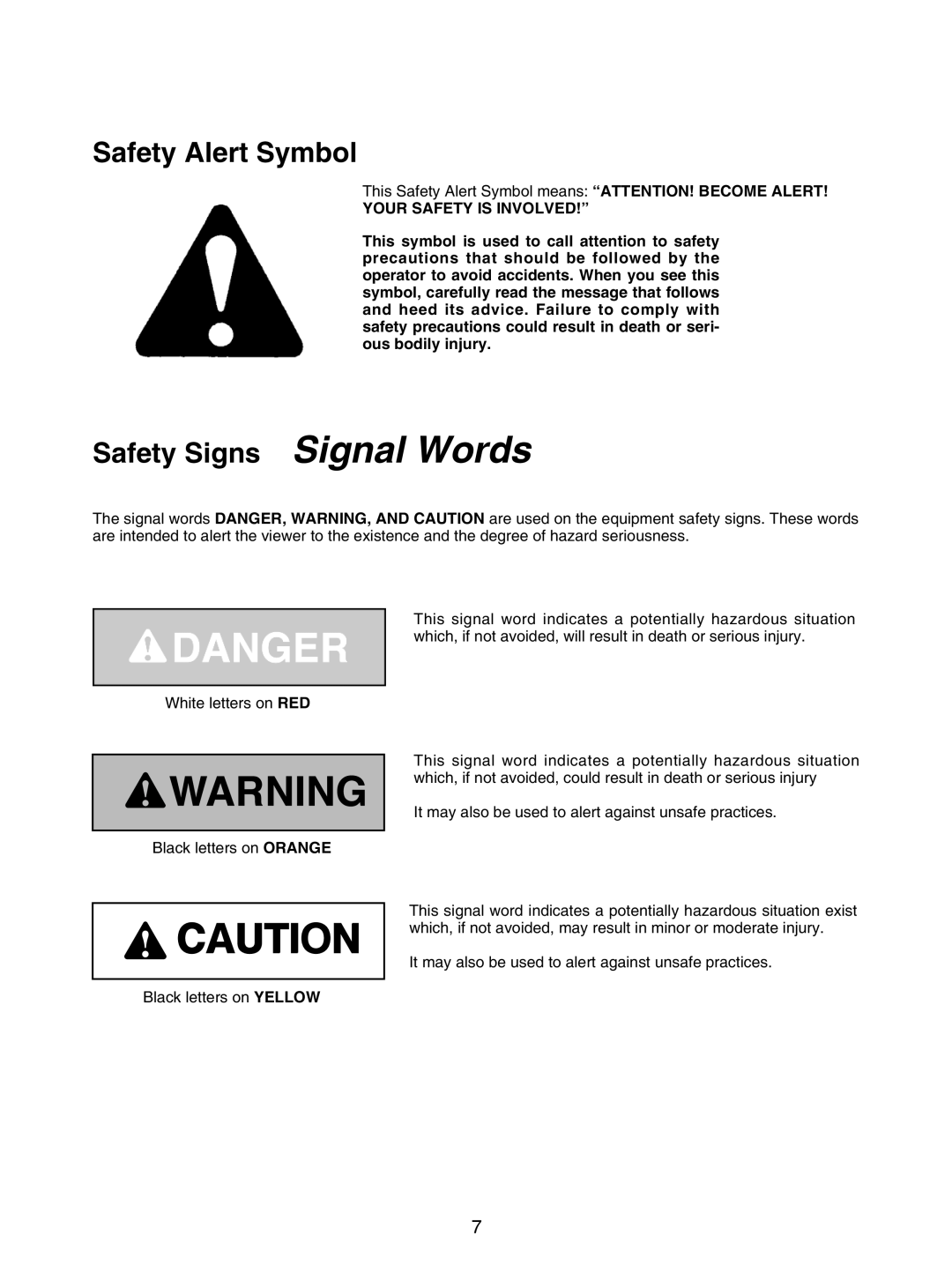 Bush Hog GC-250 manual Safety Alert Symbol, Safety Signs Signal Words 