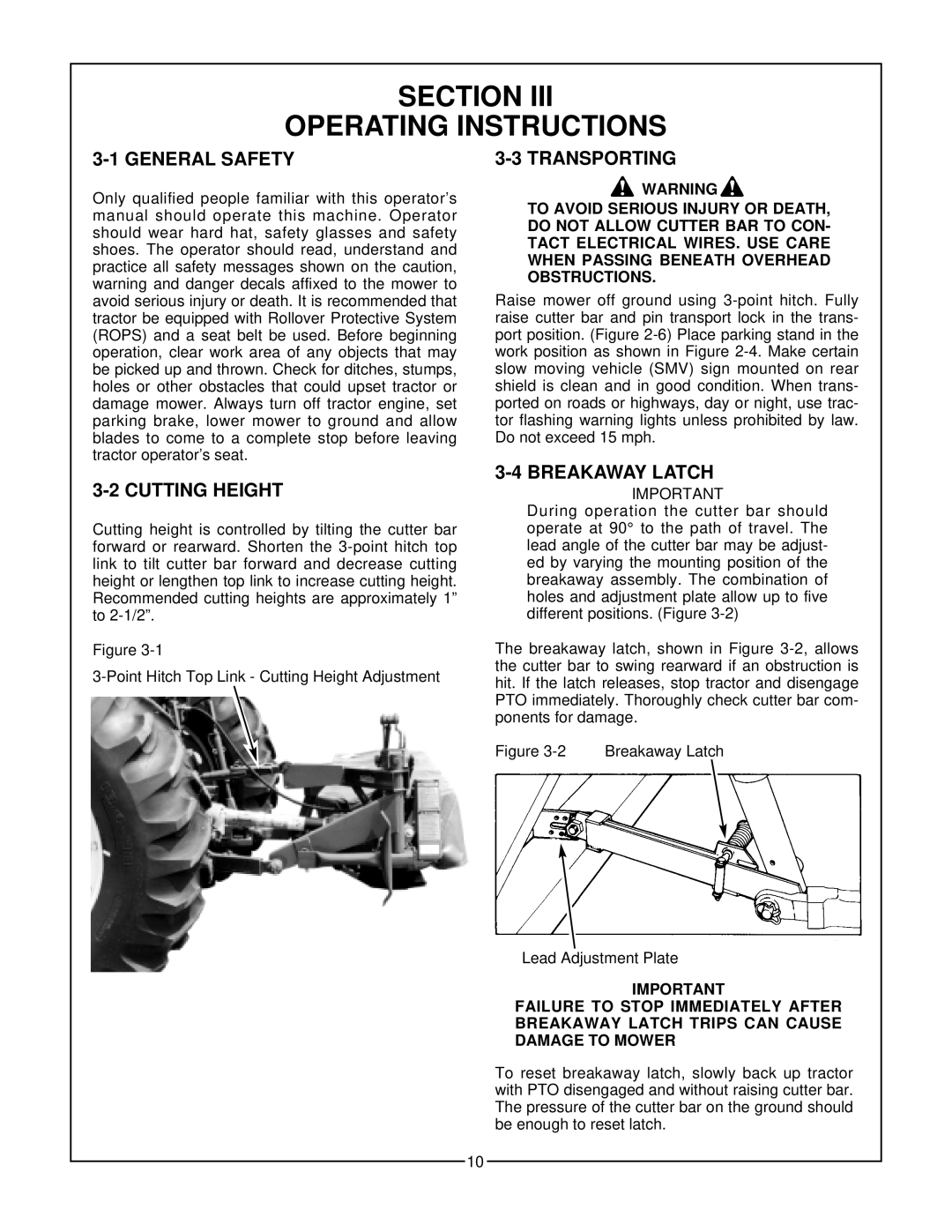 Bush Hog GHM 1900, GHM 700 Section Operating Instructions, General Safety, Cutting Height, Transporting, Breakaway Latch 