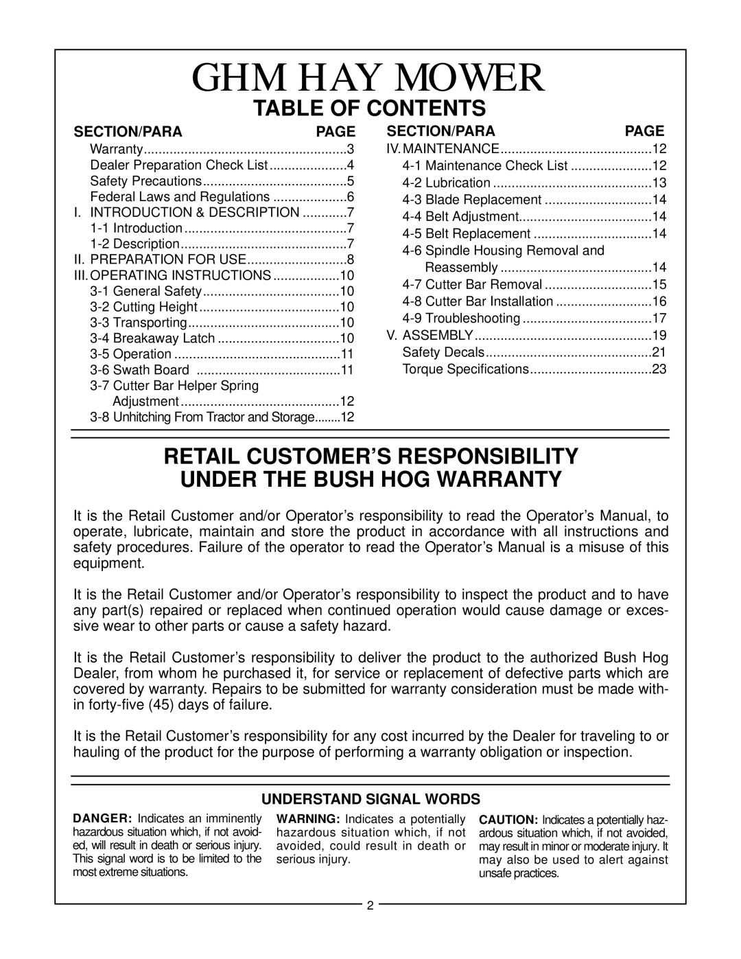 Bush Hog GHM 900, GHM 700, GHM 1900, GHM 800 Table of Contents, Retail CUSTOMER’S Responsibility Under the Bush HOG Warranty 