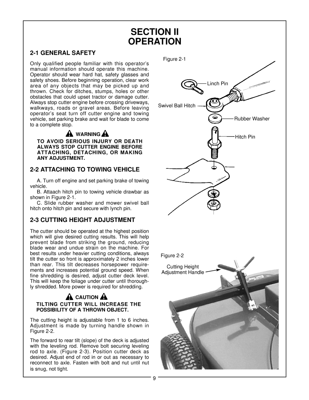 Bush Hog GT 48 manual Section Operation, General Safety, Attaching to Towing Vehicle, Cutting Height Adjustment 