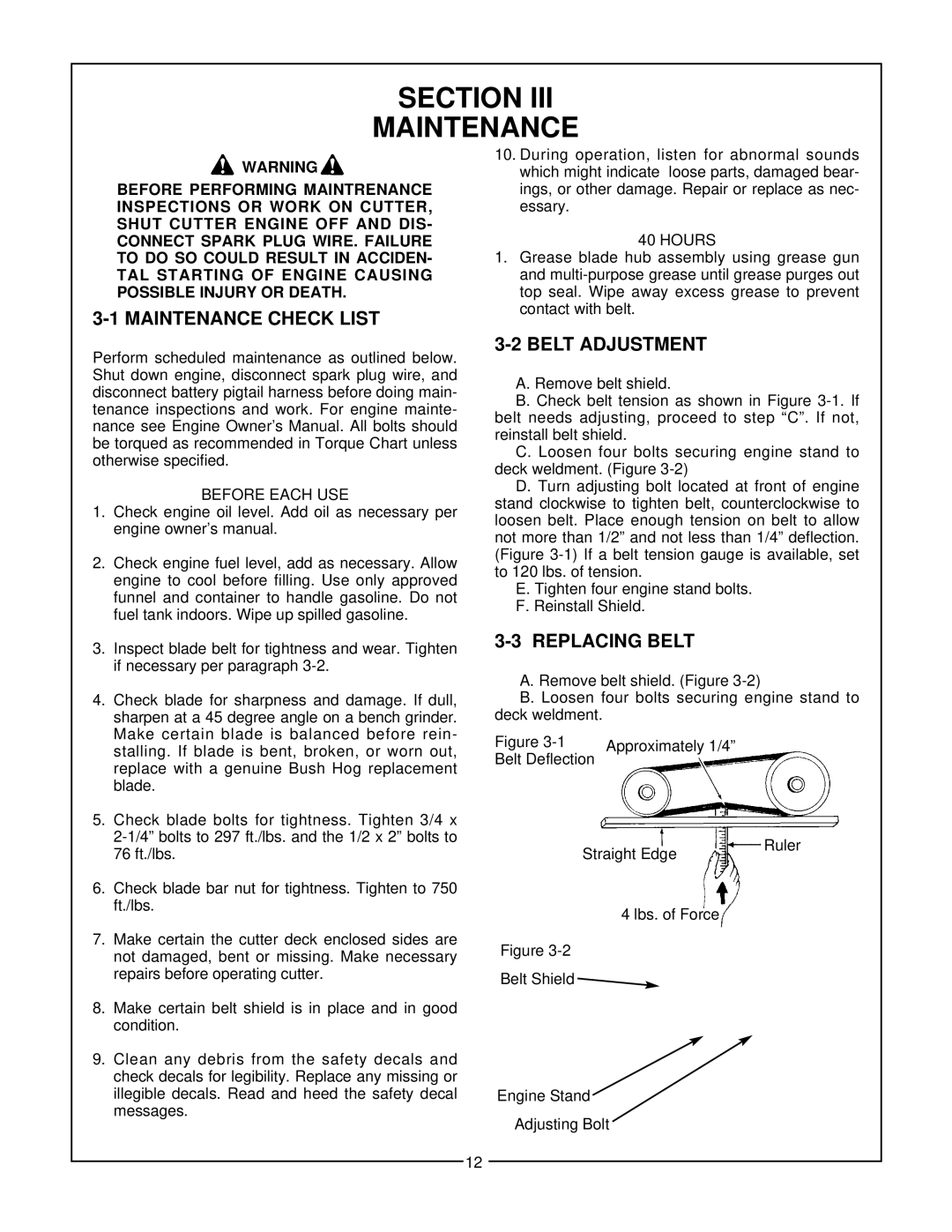 Bush Hog GT 48 manual Section Maintenance, Maintenance Check List, Belt Adjustment, Replacing Belt 