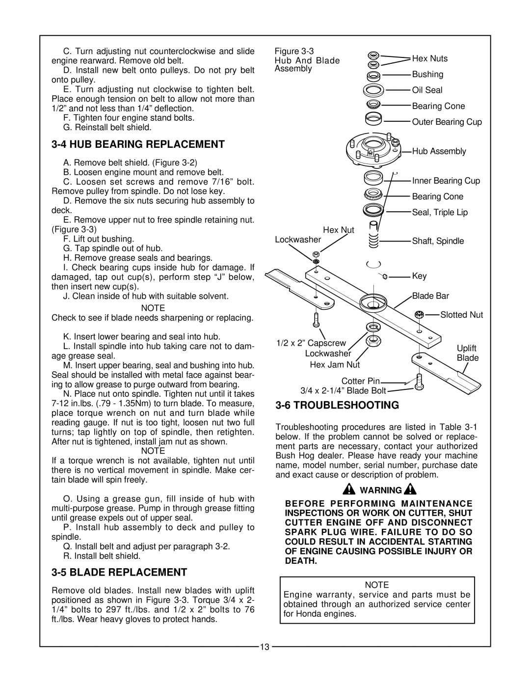 Bush Hog GT 48 manual HUB Bearing Replacement, Blade Replacement, Troubleshooting 