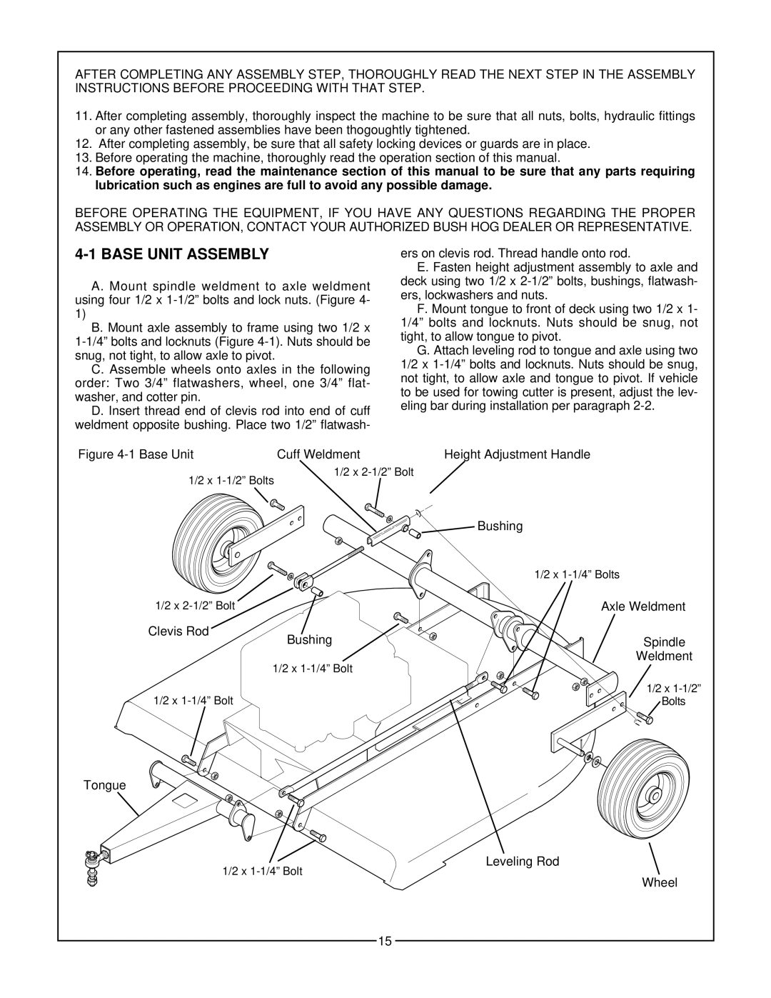 Bush Hog GT 48 manual Base Unit Assembly, Base Unit Cuff Weldment Height Adjustment Handle 