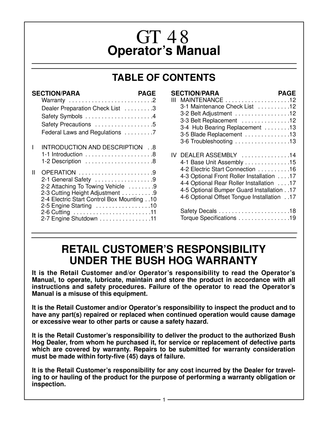 Bush Hog GT 48 manual Operator’s Manual, Table of Contents 