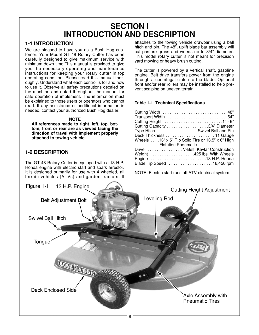 Bush Hog GT 48 manual Section Introduction And Description, 1 Technical Specifications 