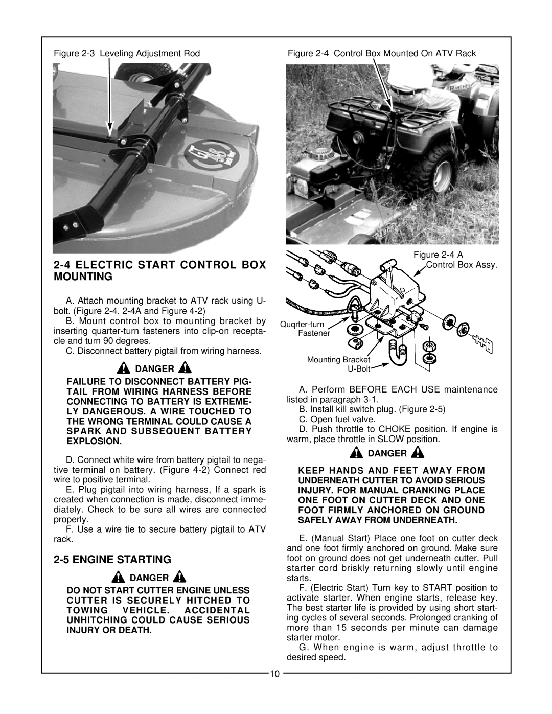Bush Hog GT 48 manual Electric Start Control Box Mounting, Engine Starting, Danger 