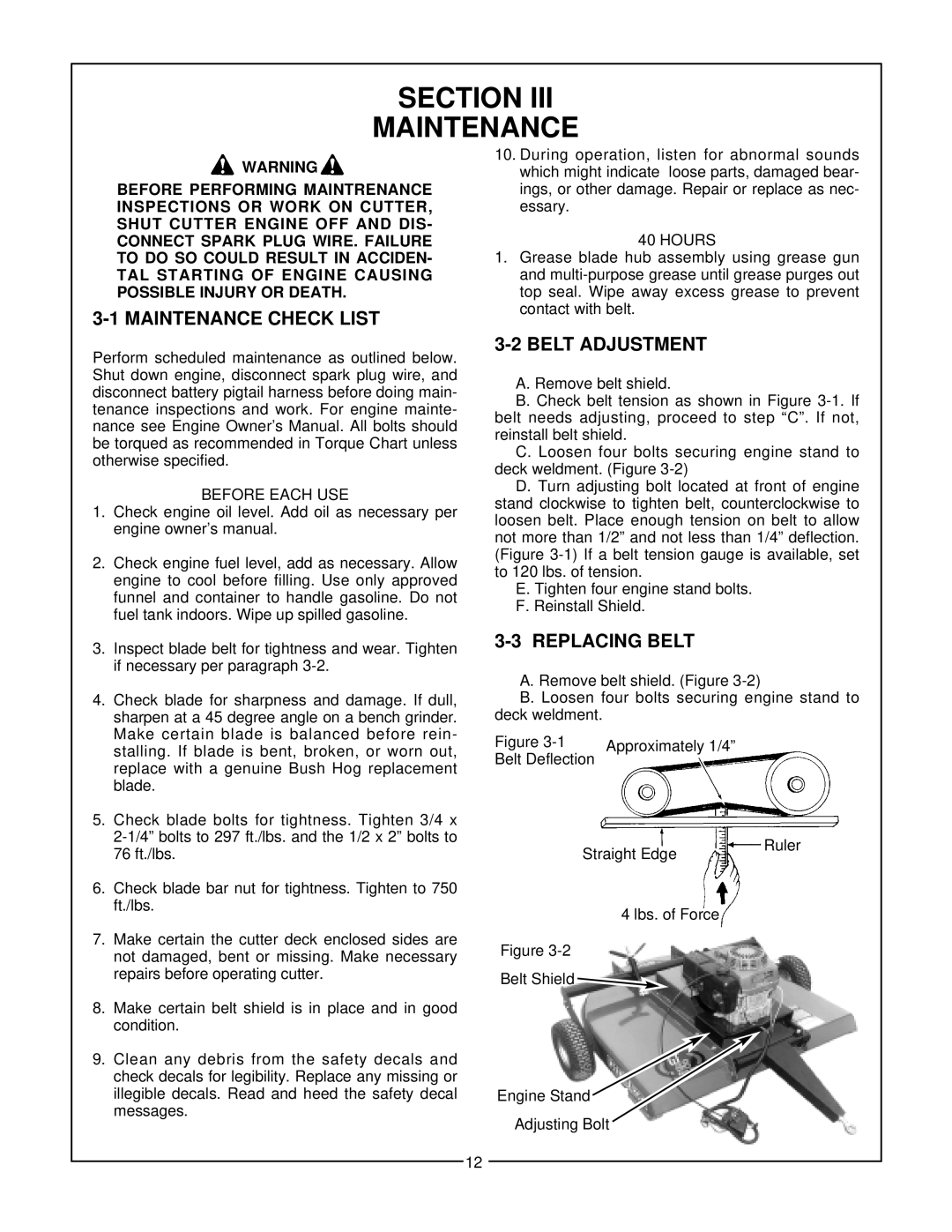 Bush Hog GT 48 manual Section Maintenance, Maintenance Check List, Belt Adjustment, Replacing Belt 