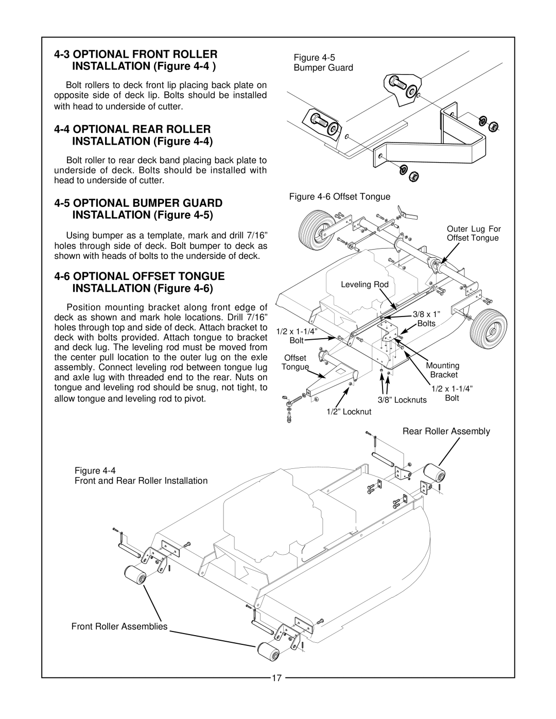 Bush Hog GT 48 manual Optional Front Roller, INSTALLATIO N Figure, Optional Rear Roller, INSTALLATION Figure 