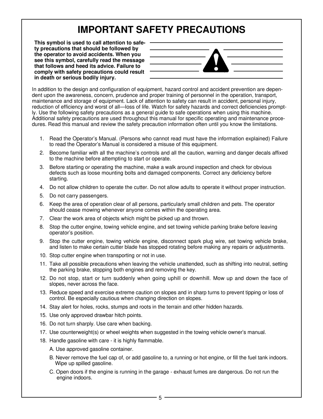 Bush Hog GT 48 manual Important Safety Precautions 