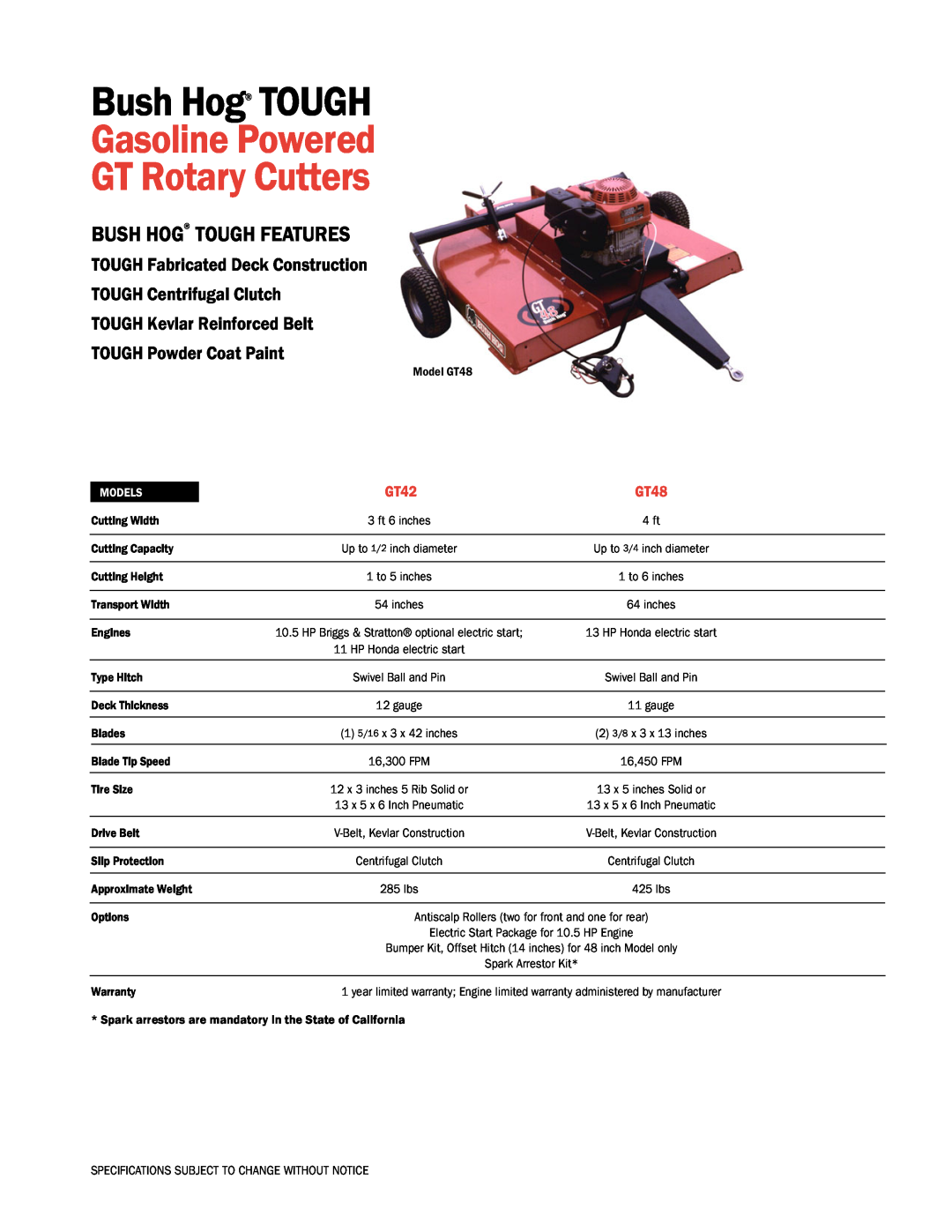 Bush Hog GT42 specifications Gasoline Powered GT Rotary Cutters, Bush Hog TOUGH Features, TOUGH Centrifugal Clutch 