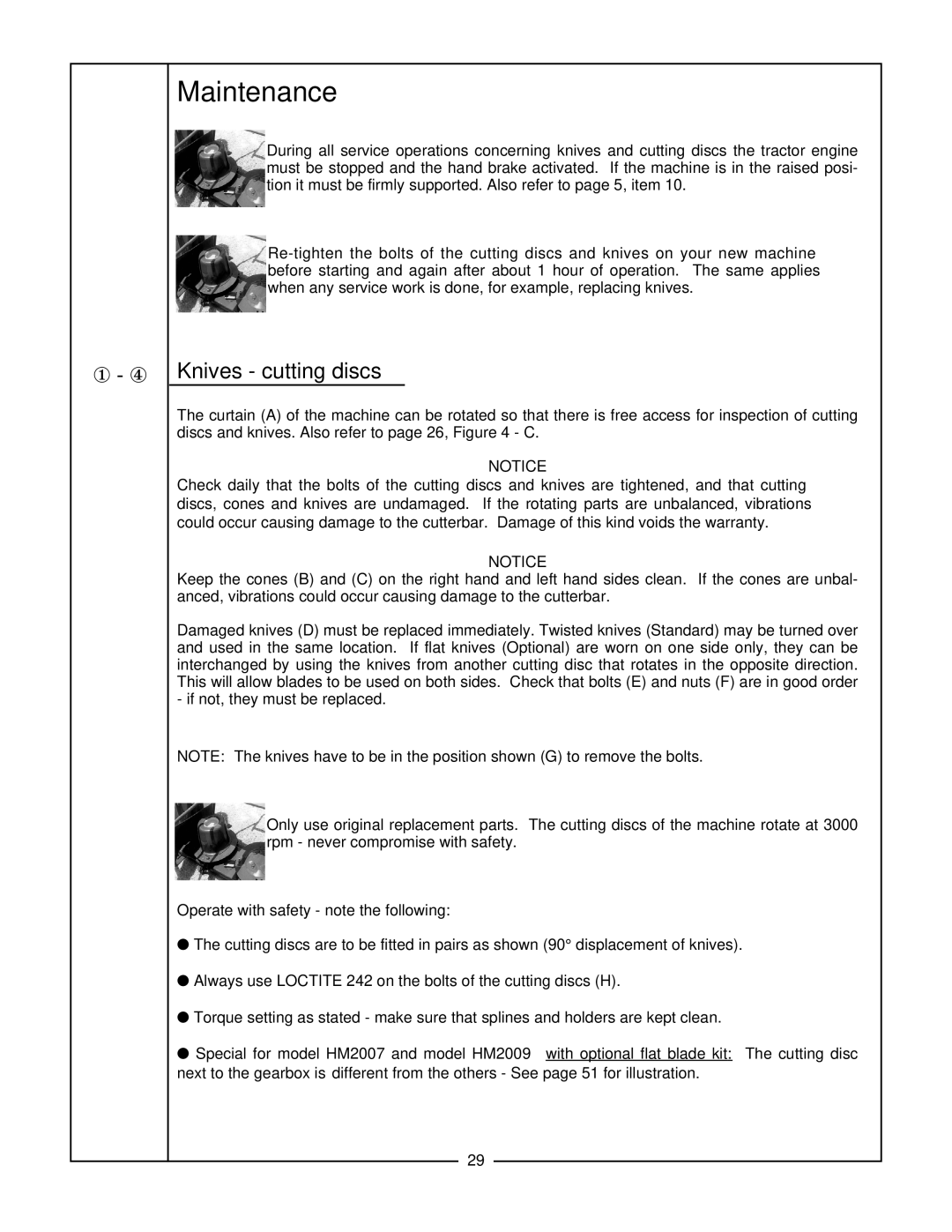 Bush Hog HM2007, HM2008, HM2009 manual Maintenance, Knives cutting discs, Operate with safety note the following 