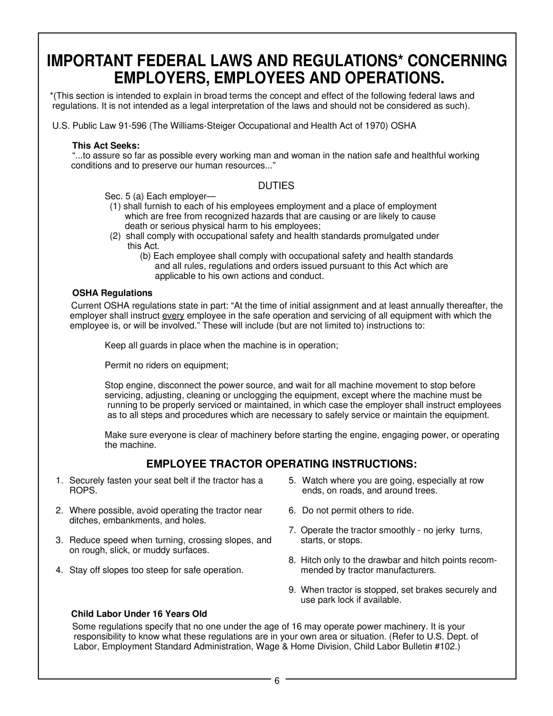 Bush Hog HM2009, HM2008, HM2007 manual This Act Seeks, Osha Regulations, Child Labor Under 16 Years Old 