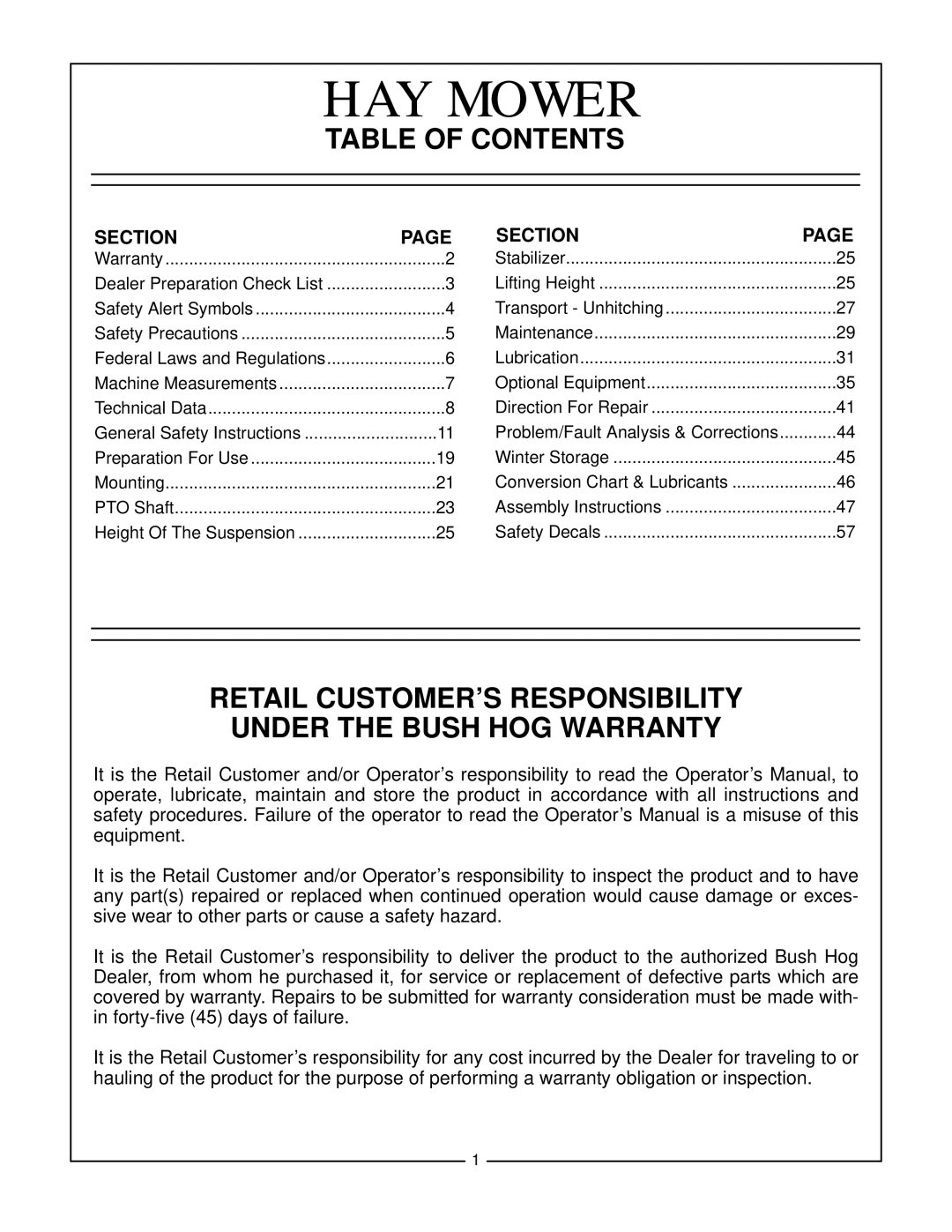 Bush Hog HM2008 Table Of Contents, Retail Customer’S Responsibility Under The Bush Hog Warranty, Hay Mower, Section, Page 