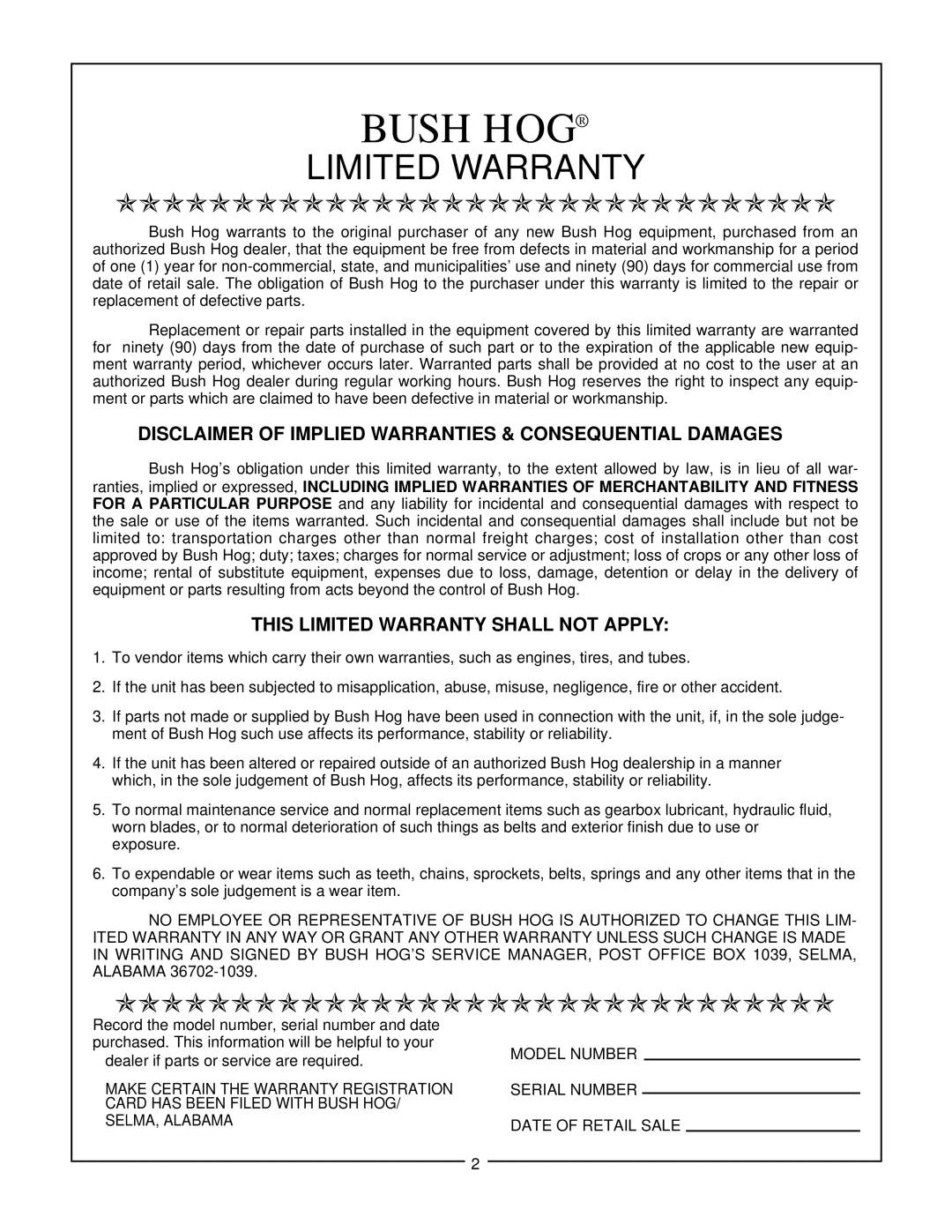 Bush Hog HM2007, HM2008, HM2009 manual Bush Hog, Limited Warranty, Disclaimer Of Implied Warranties & Consequential Damages 