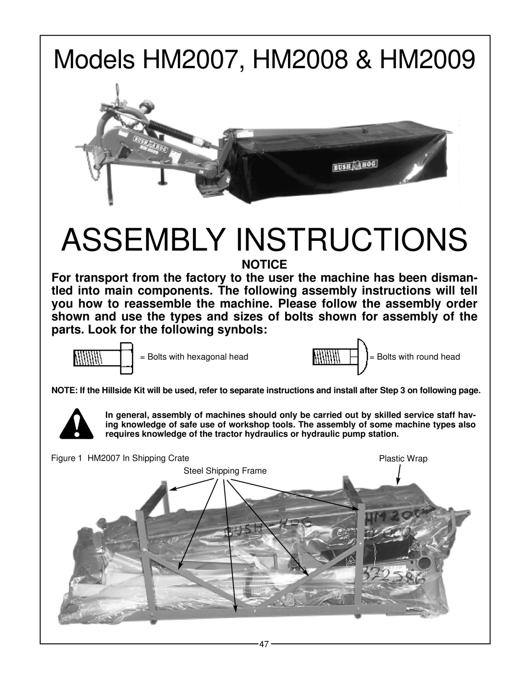 Bush Hog manual Assembly Instructions, Models HM2007, HM2008 & HM2009 