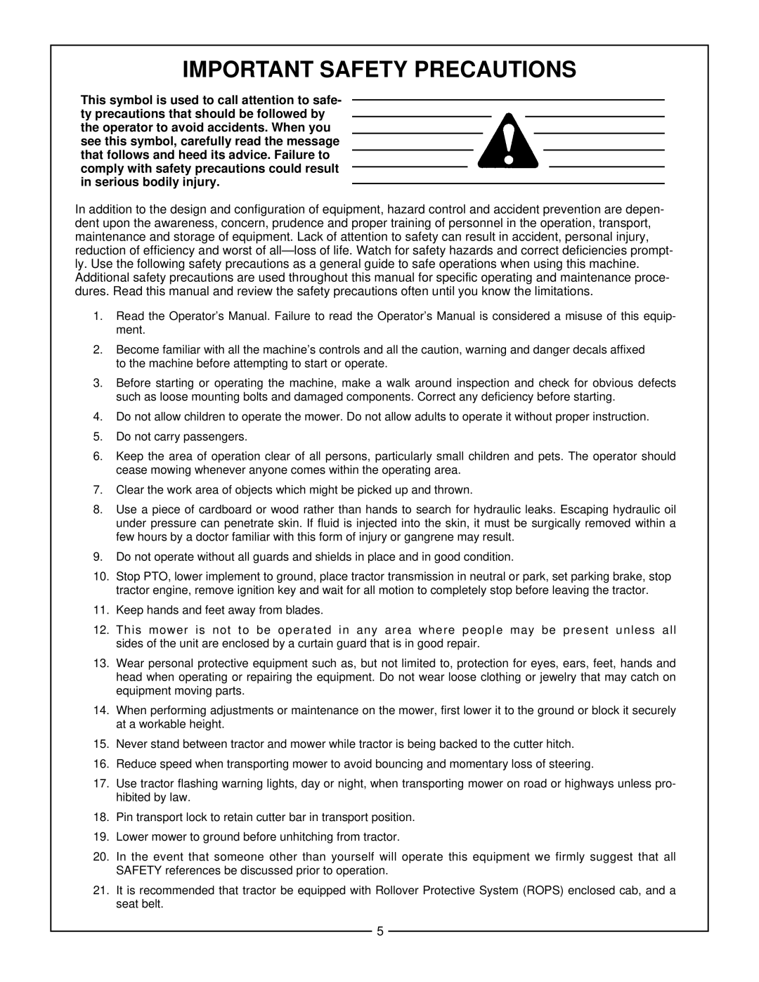 Bush Hog HM2007, HM2008, HM2009 manual Important Safety Precautions 