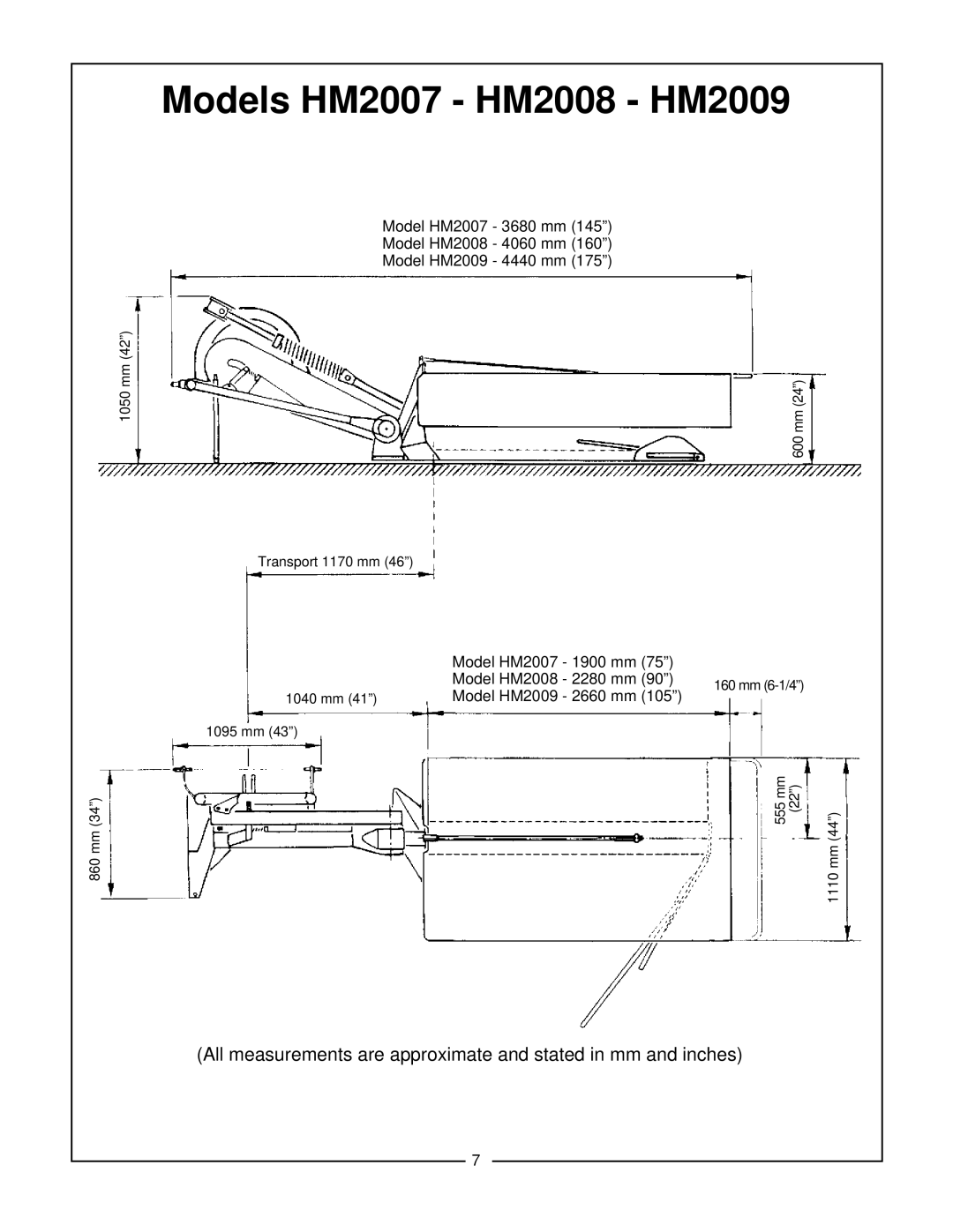 Bush Hog manual Models HM2007 - HM2008 - HM2009, All measurements are approximate and stated in mm and inches 