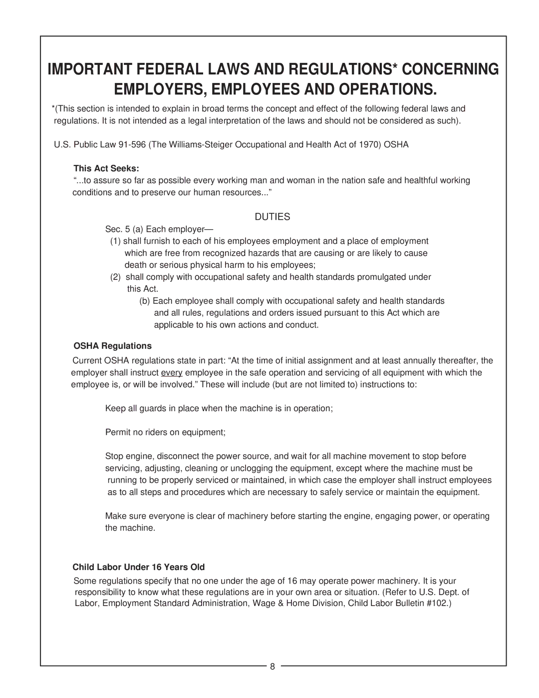 Bush Hog Home Series EMPLOYERS, Employees and Operations, This Act Seeks, Osha Regulations, Child Labor Under 16 Years Old 