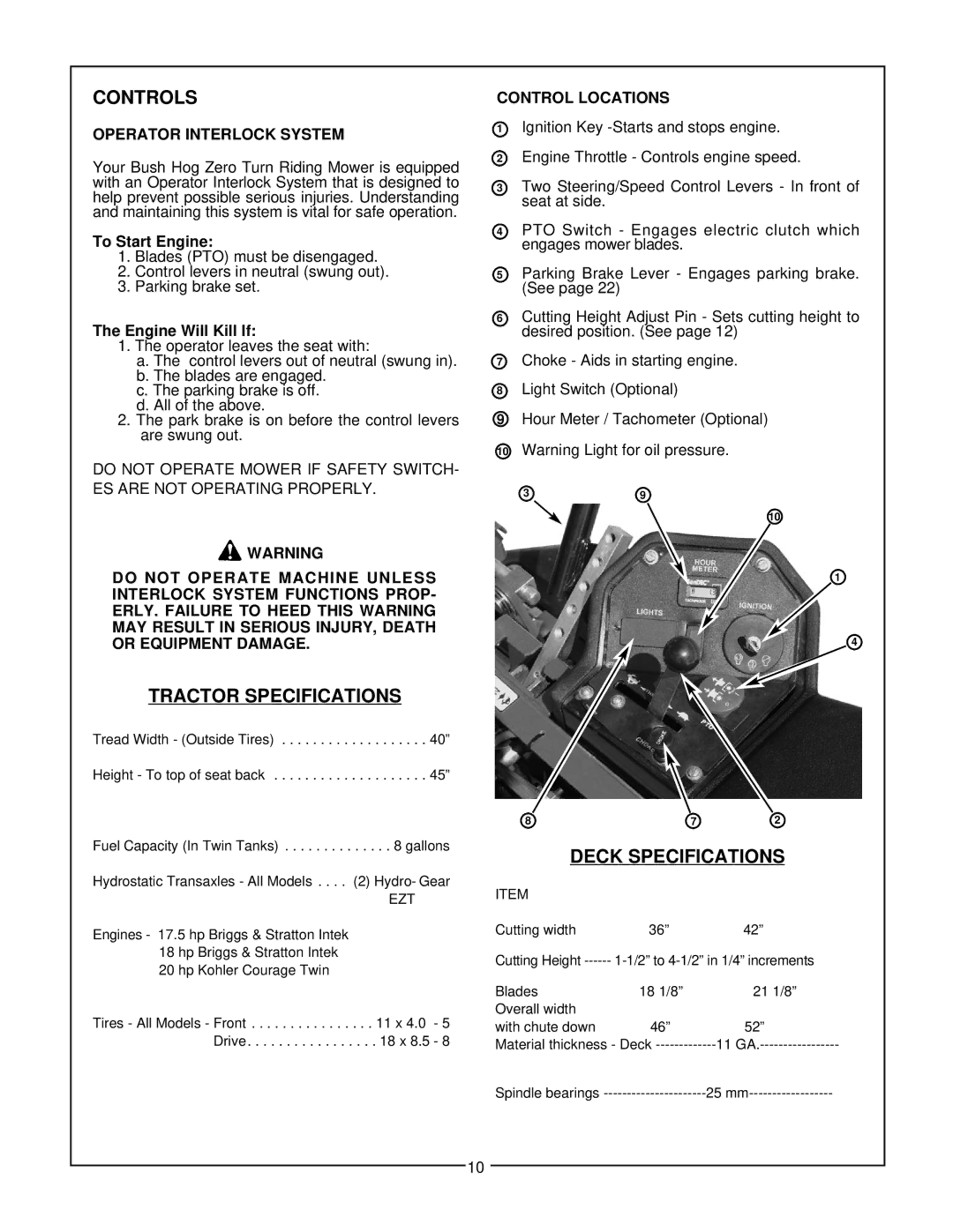 Bush Hog Home Series Controls, Tractor Specifications, Deck Specifications, Operator Interlock System, Control Locations 