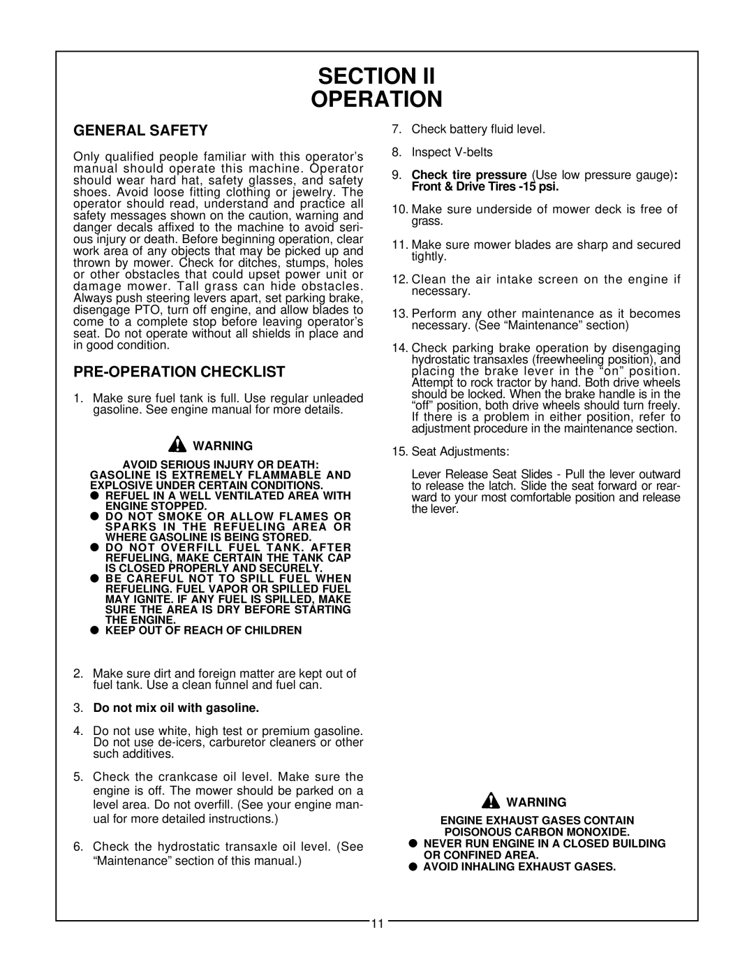 Bush Hog Home Series manual Section Operation, General Safety, PRE-OPERATION Checklist, Do not mix oil with gasoline 