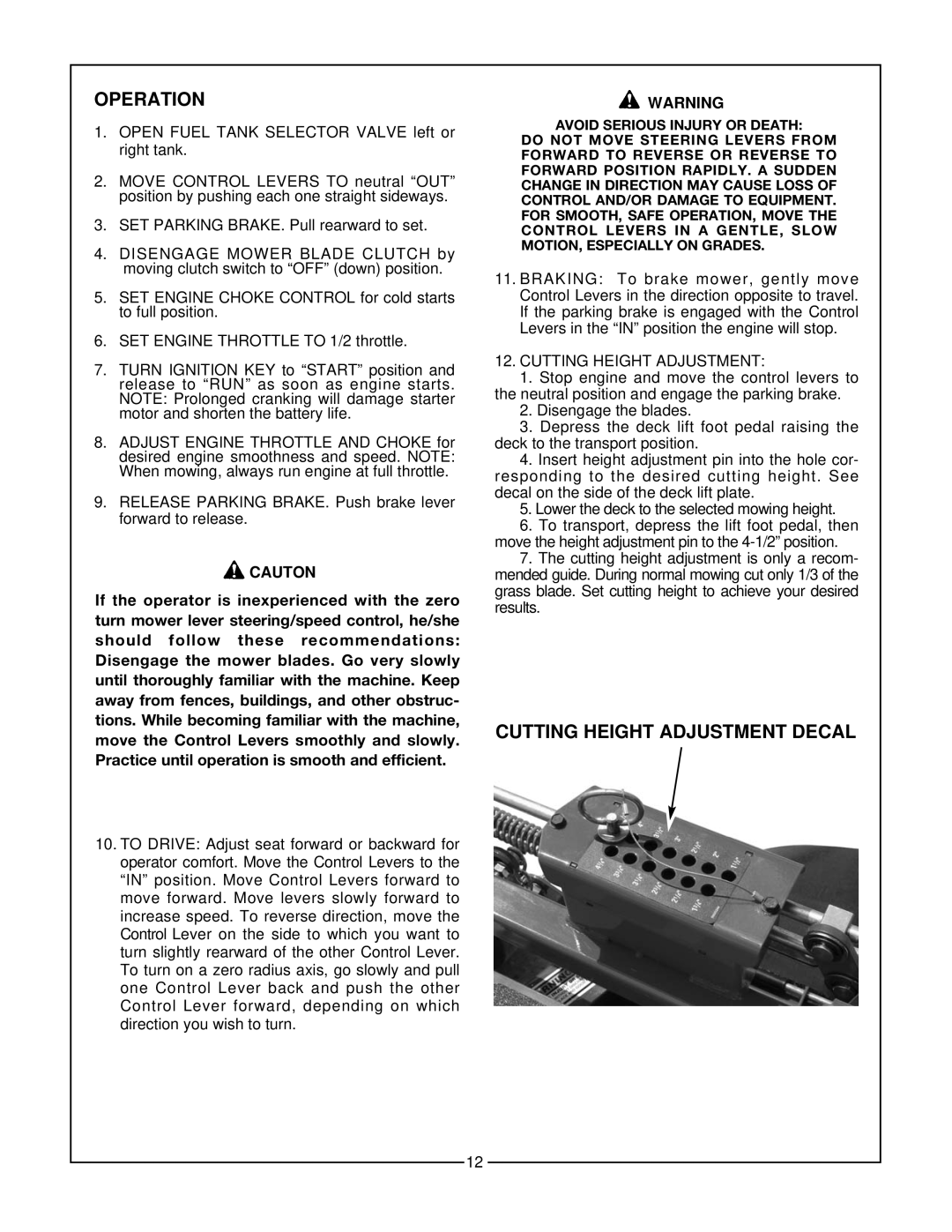 Bush Hog Home Series manual Operation, Cutting Height Adjustment Decal, Cauton 