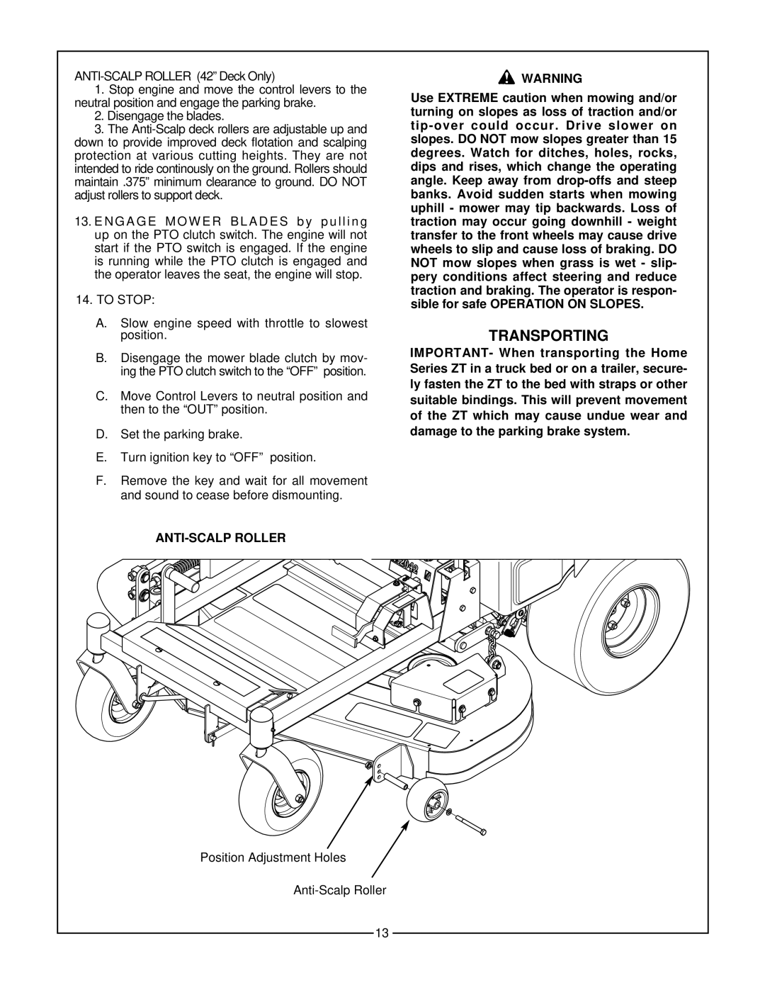 Bush Hog Home Series manual Transporting, ANTI-SCALP Roller 