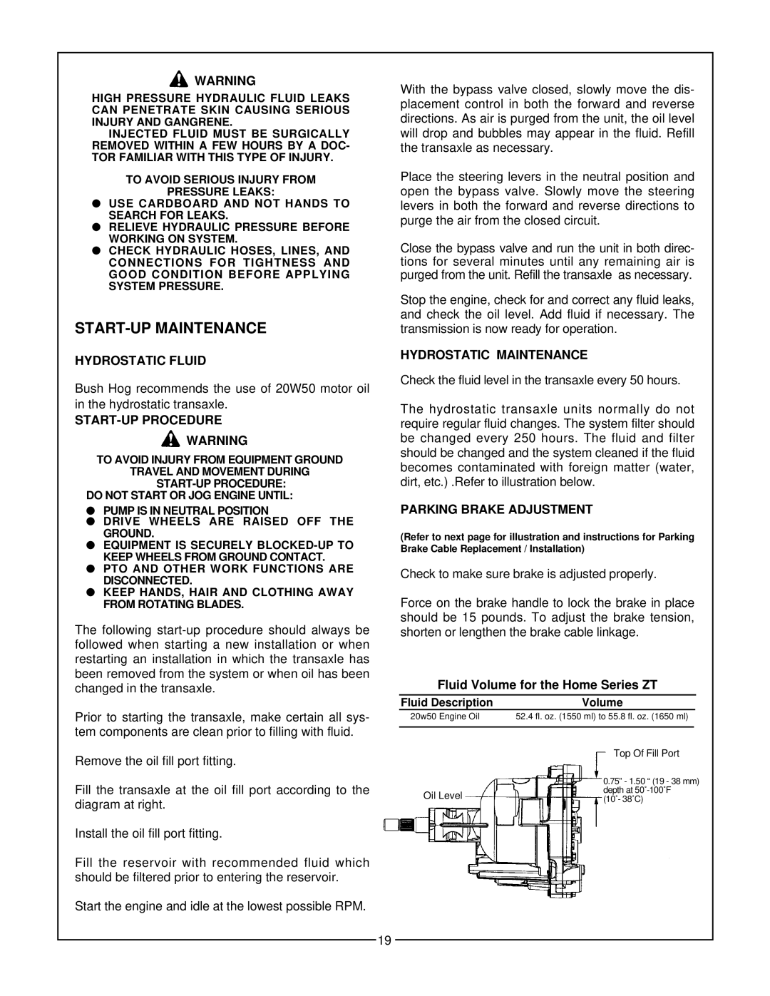 Bush Hog Home Series manual START-UP Maintenance, Hydrostatic Fluid, START-UP Procedure, Hydrostatic Maintenance 