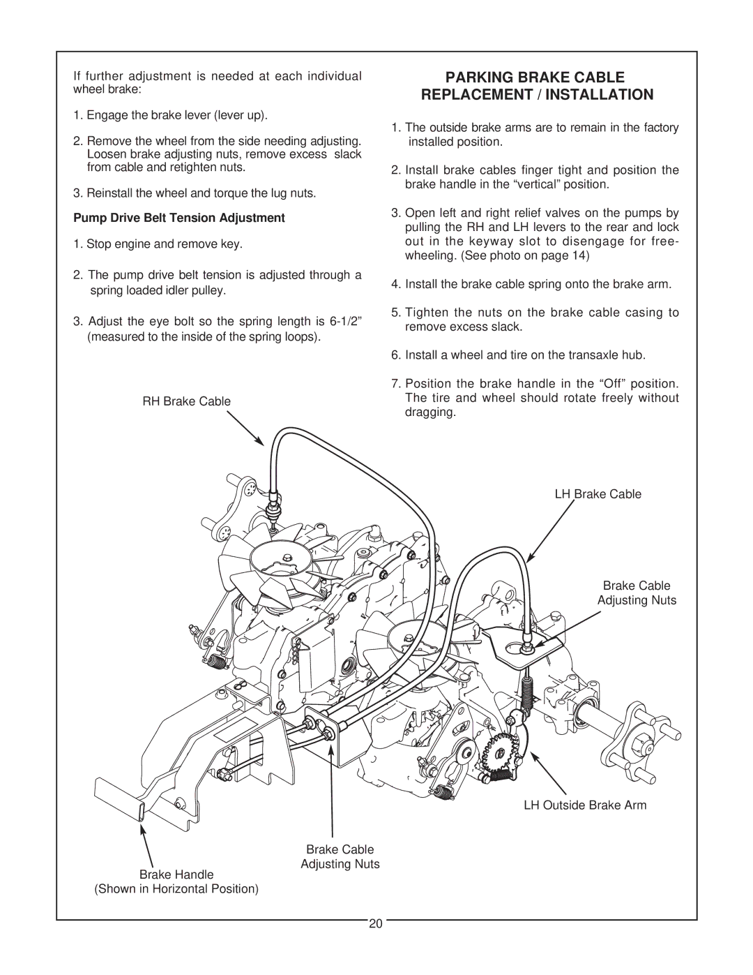 Bush Hog Home Series manual Parking Brake Cable Replacement / Installation, Pump Drive Belt Tension Adjustment 