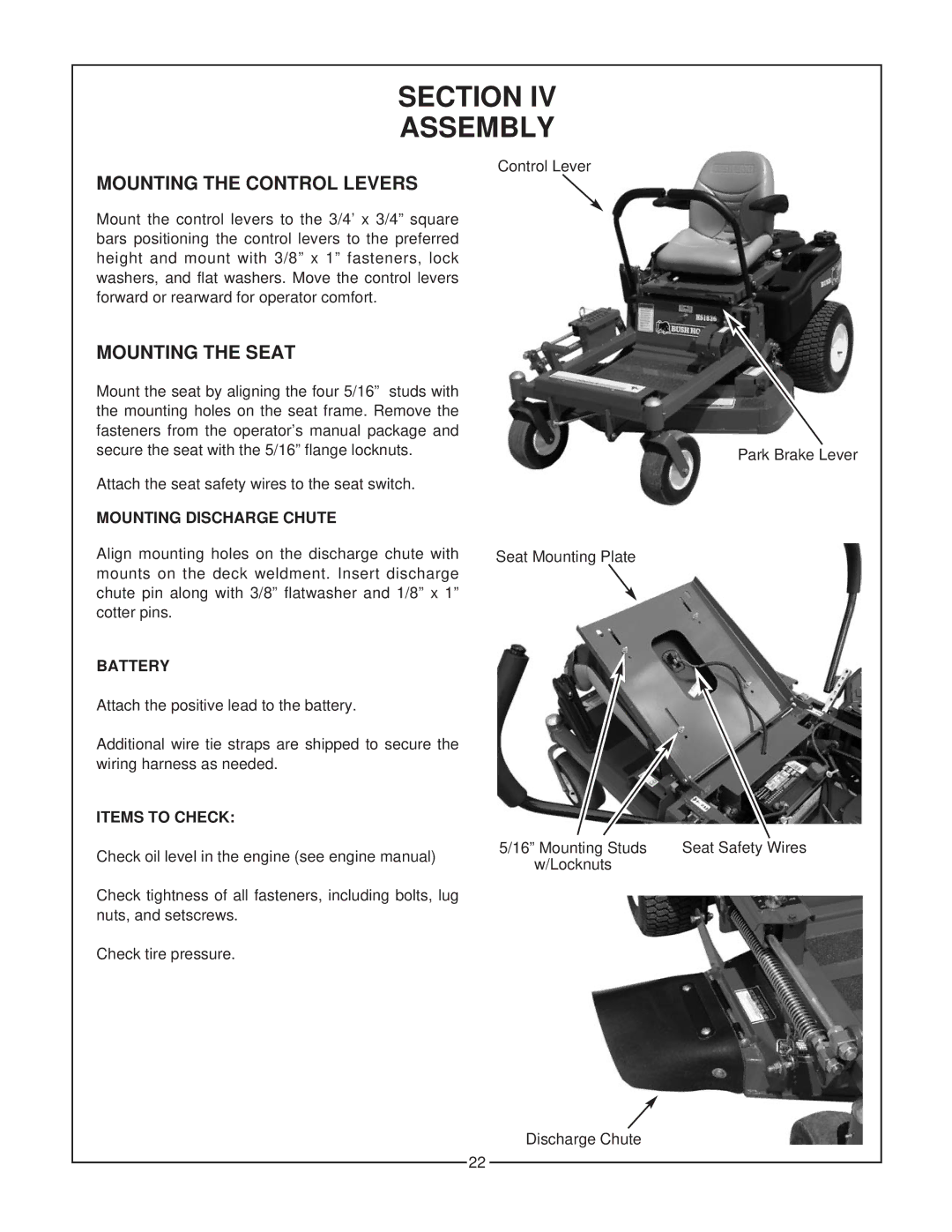 Bush Hog Home Series manual Section IV Assembly, Mounting the Control Levers, Mounting the Seat 