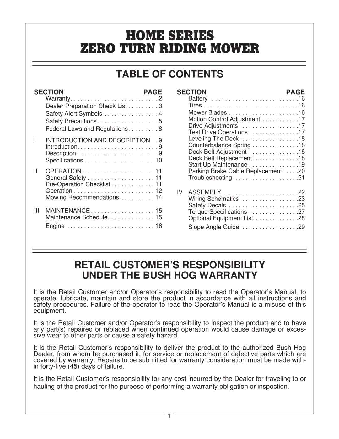 Bush Hog Home Series manual Table of Contents, Retail CUSTOMER’S Responsibility Under the Bush HOG Warranty 