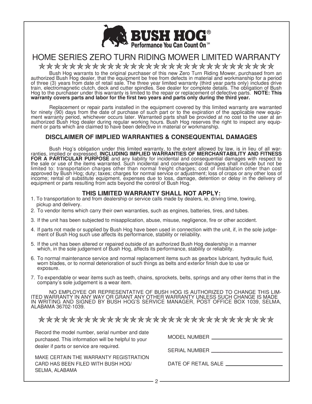 Bush Hog Home Series manual Disclaimer of Implied Warranties & Consequential Damages, This Limited Warranty Shall not Apply 