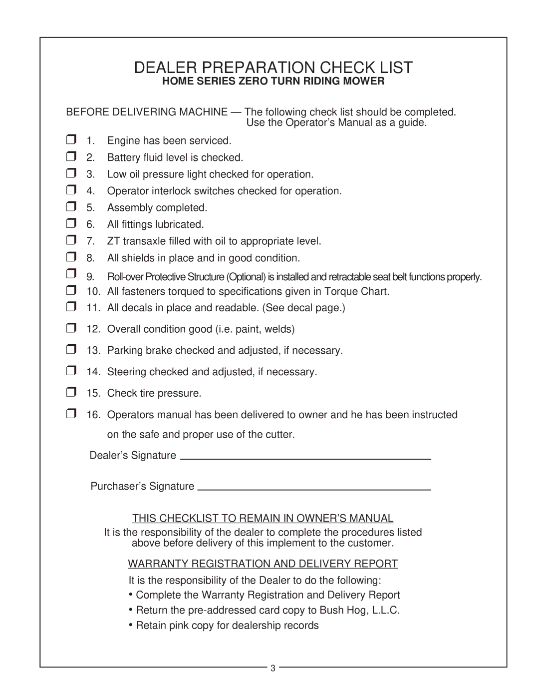 Bush Hog manual Dealer Preparation Check List, Home Series Zero Turn Riding Mower 