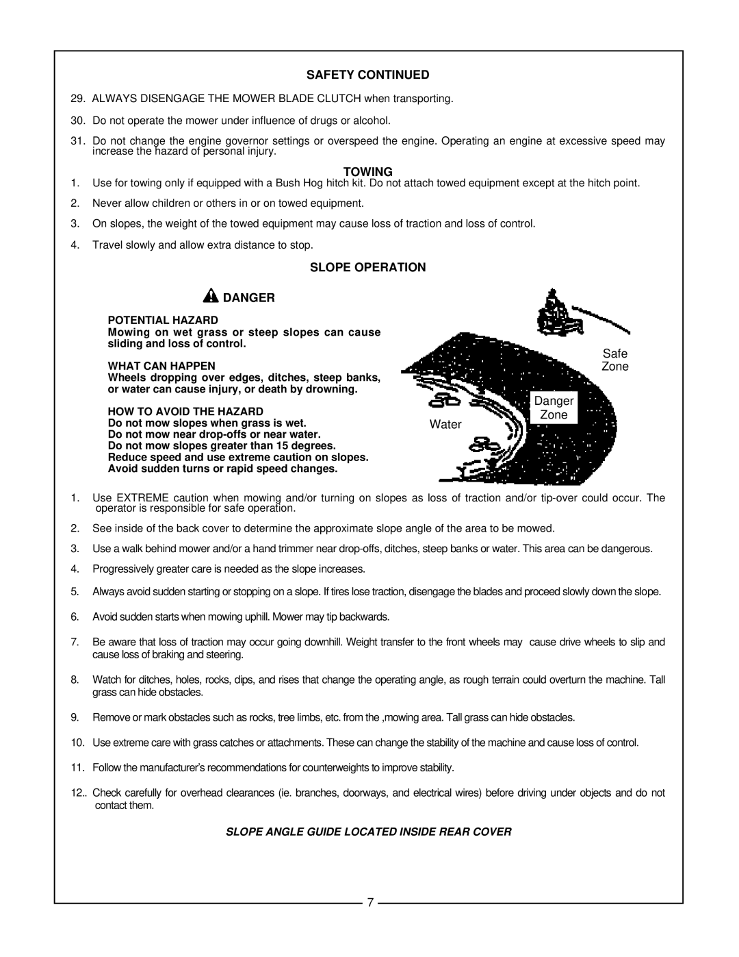 Bush Hog Home Series manual Towing, Slope Operation 