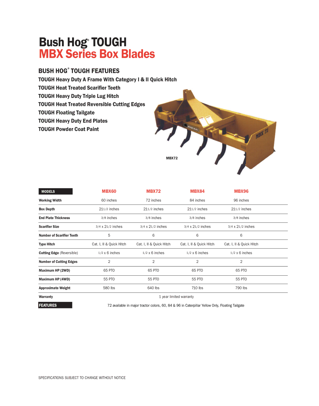 Bush Hog specifications MBX Series Box Blades, Bush Hog Tough Features, MBX60 MBX72 MBX84 MBX96, FeatURES 